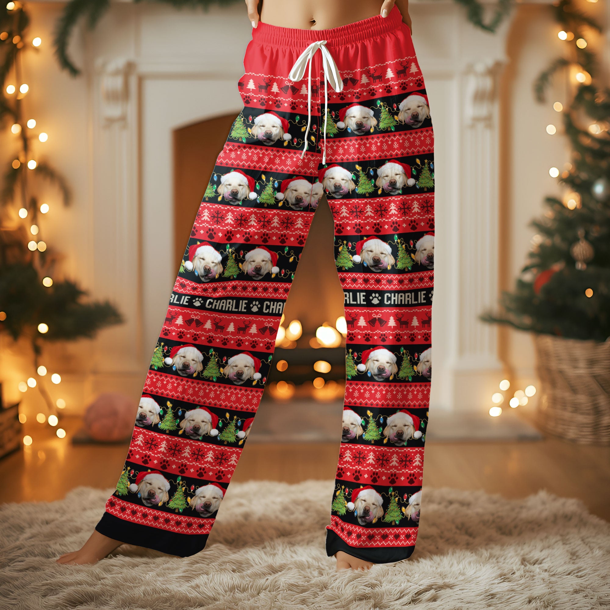 Custom Pet Christmas Name Pajama Pants – Personalized Dog Photo Holiday Lounge Wear