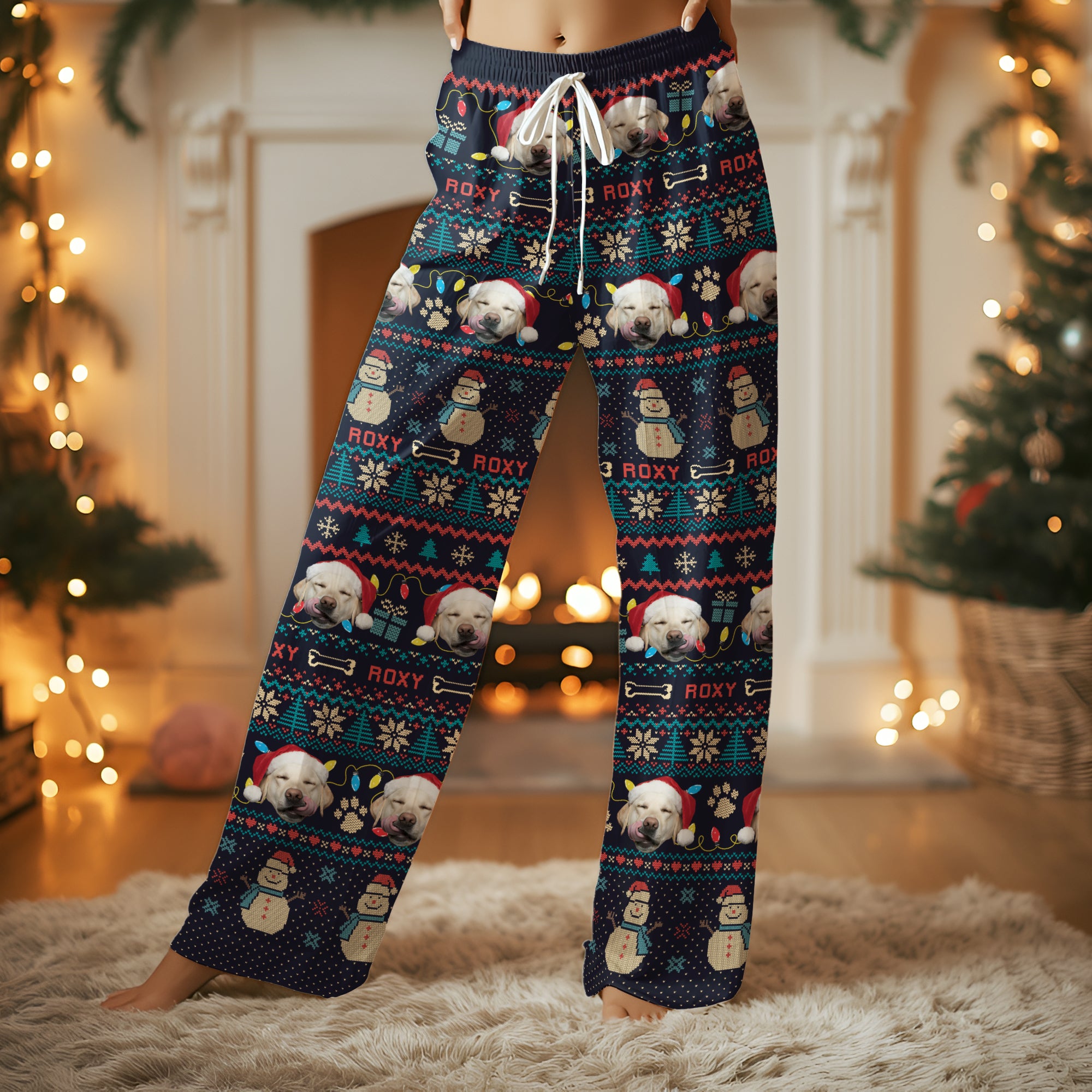 Custom Pet Snowman Christmas Pajama Pants – Personalized Dog Photo & Name Holiday Sleepwear