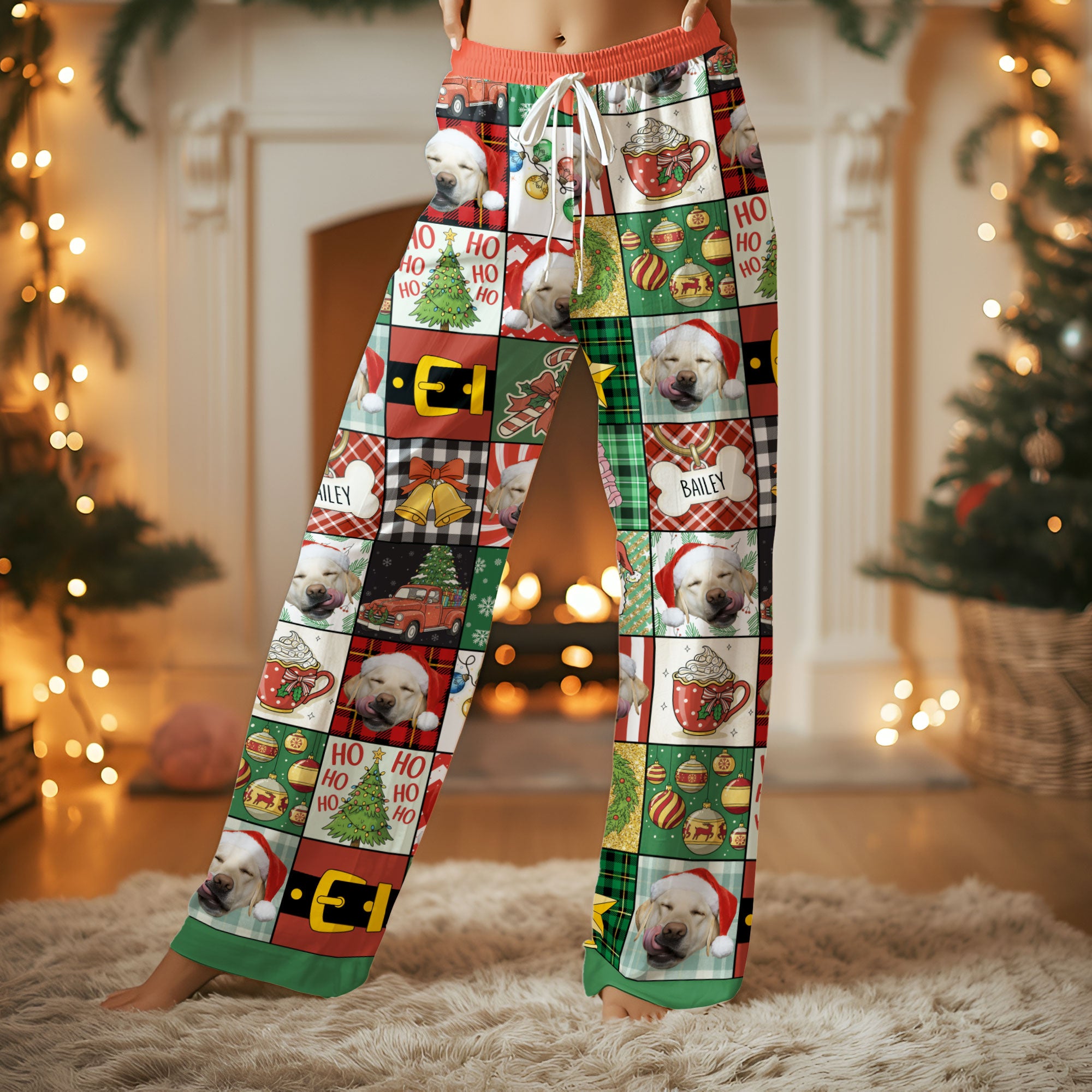 Custom Patchwork Christmas Pet Pajama Pants – Personalized Dog Photo & Name Holiday Lounge Wear