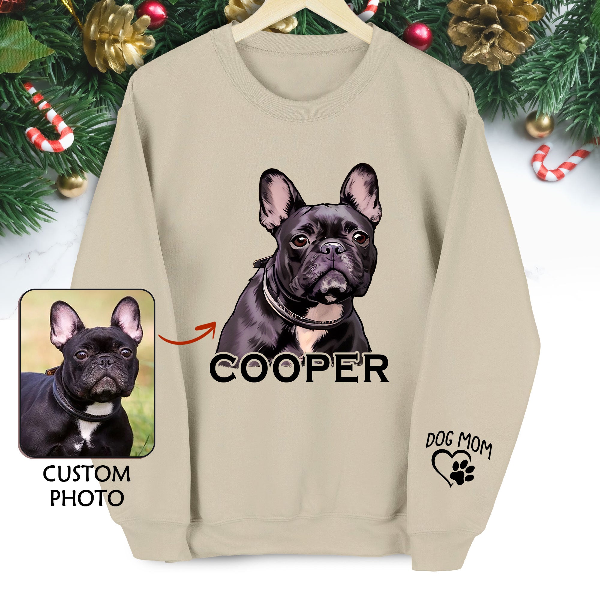 Custom Pet Portrait Sweatshirt – Dog Name Printed with Heart, Perfect Gift for Dog Lovers