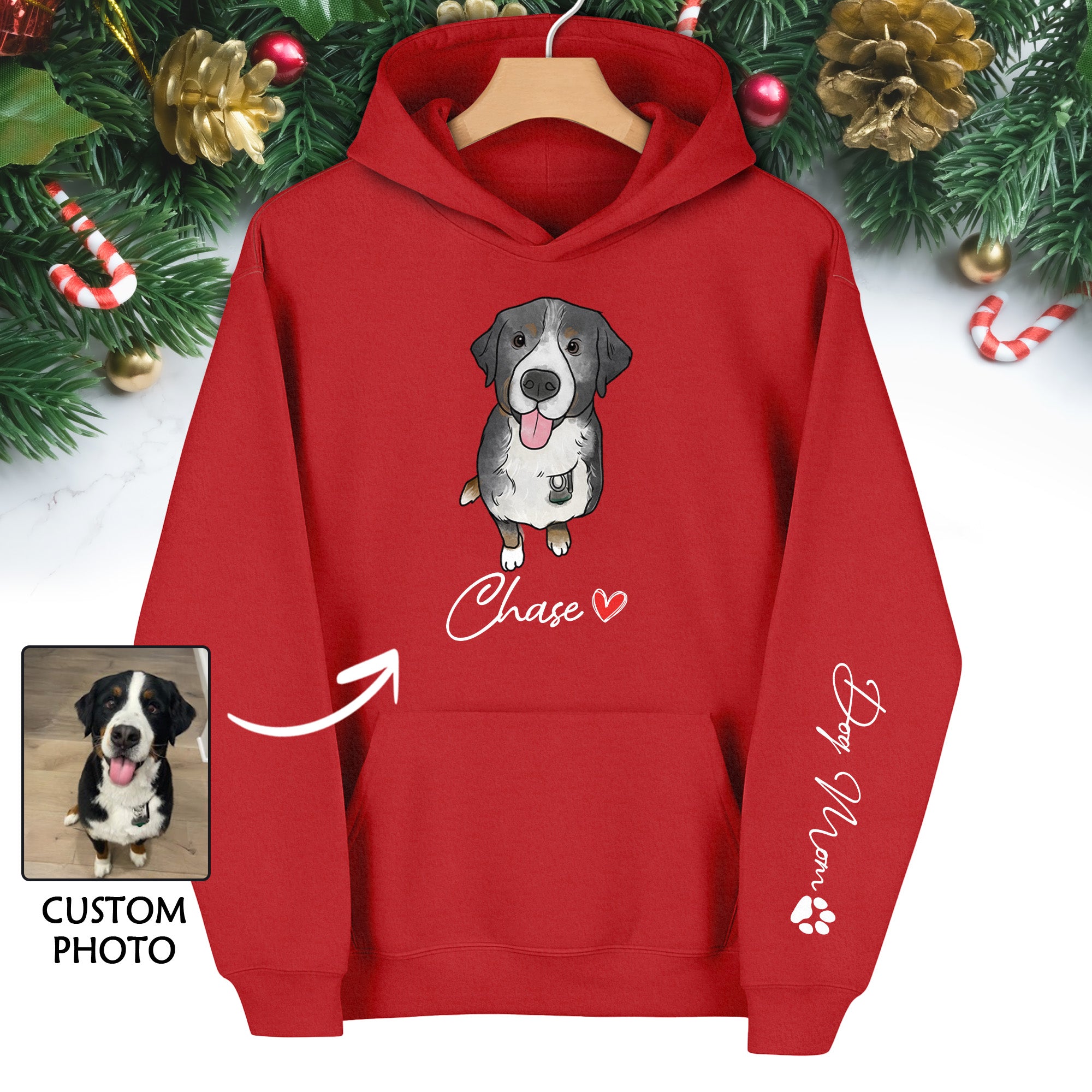 Custom Pet Portrait Hoodie– Dog Name Printed with Heart, Perfect Gift for Dog Lovers