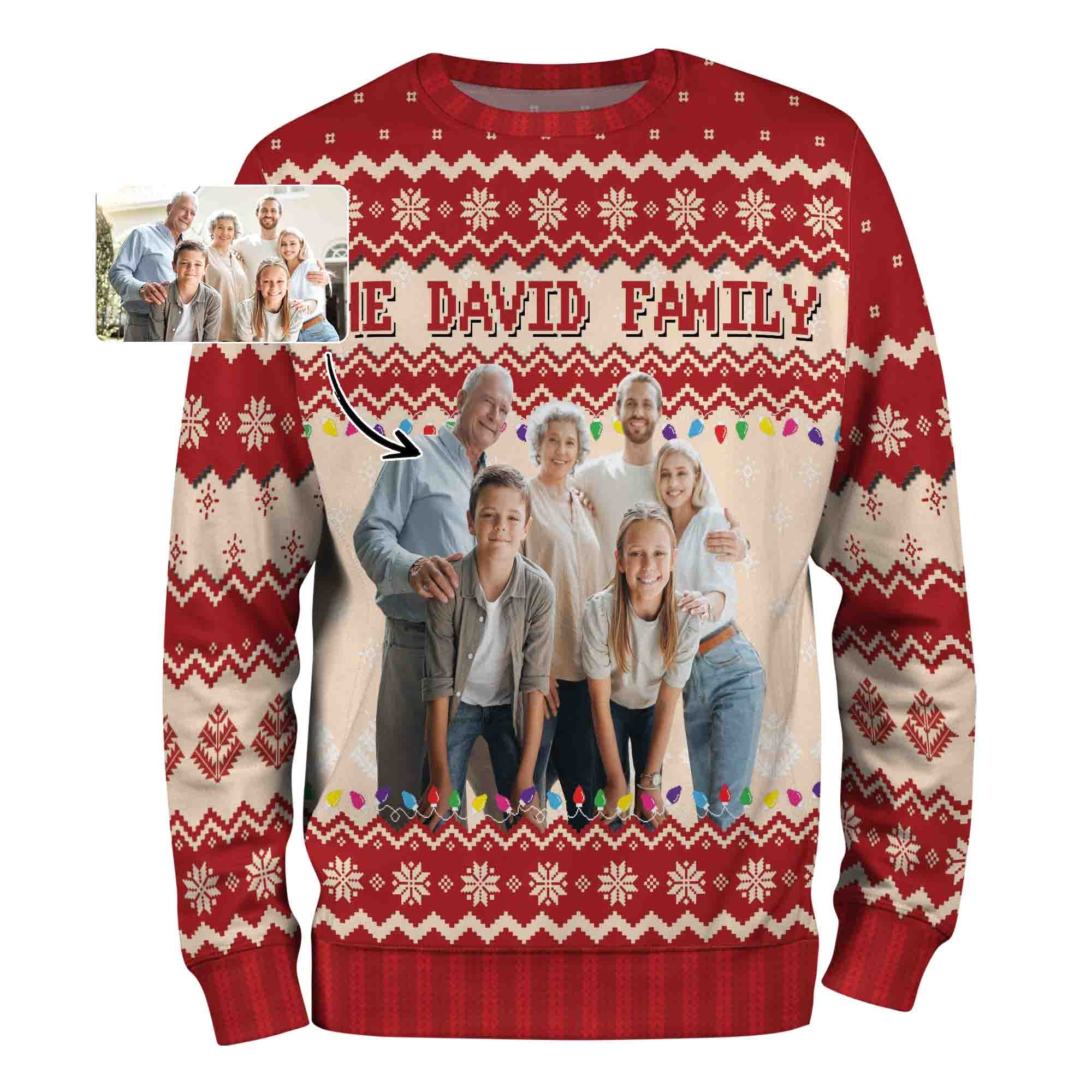 Personalized Family Name Ugly Christmas Sweater – Custom Photo Holiday Sweatshirt for Family Gift