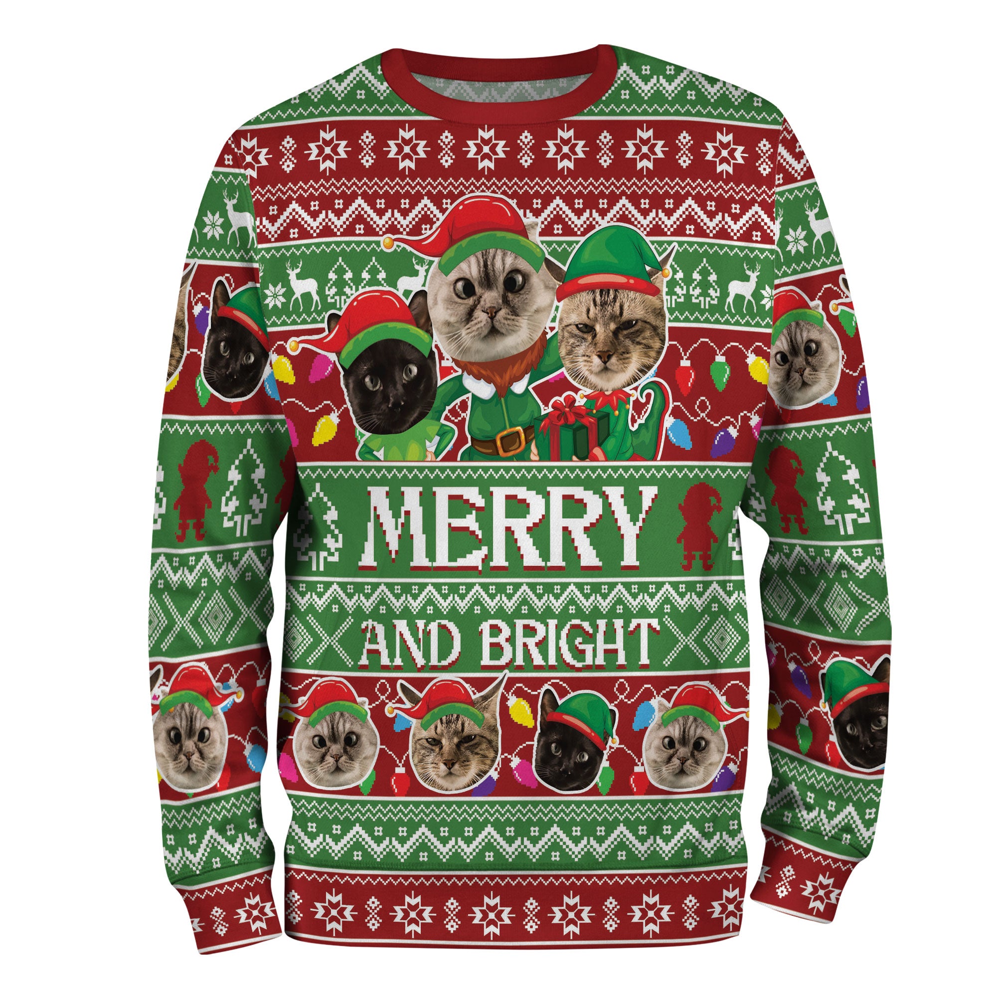 Personalized Cat Face Christmas Sweater – Custom Photo Ugly Xmas Sweatshirt for Cat Mom & Cat Dad