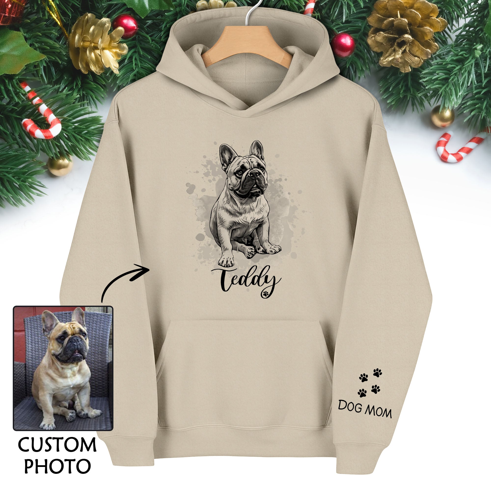 Custom Dog Hoodie – Personalized Pet Portrait Hoodie with Name, Unique Dog Mom Gift