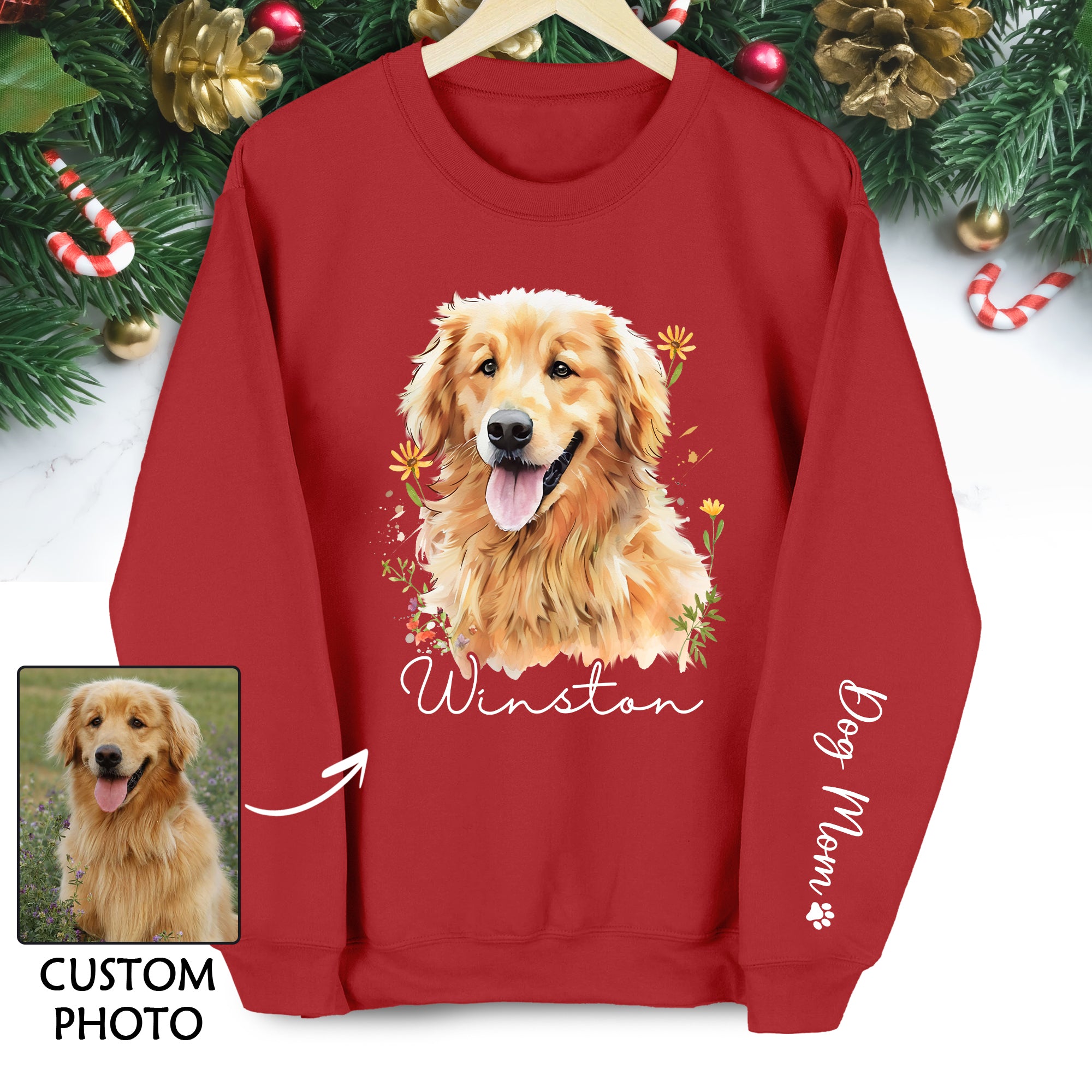 Custom Dog Portrait Sweatshirt – Personalized Pet Christmas Gift for Dog Mom & Pet Lovers