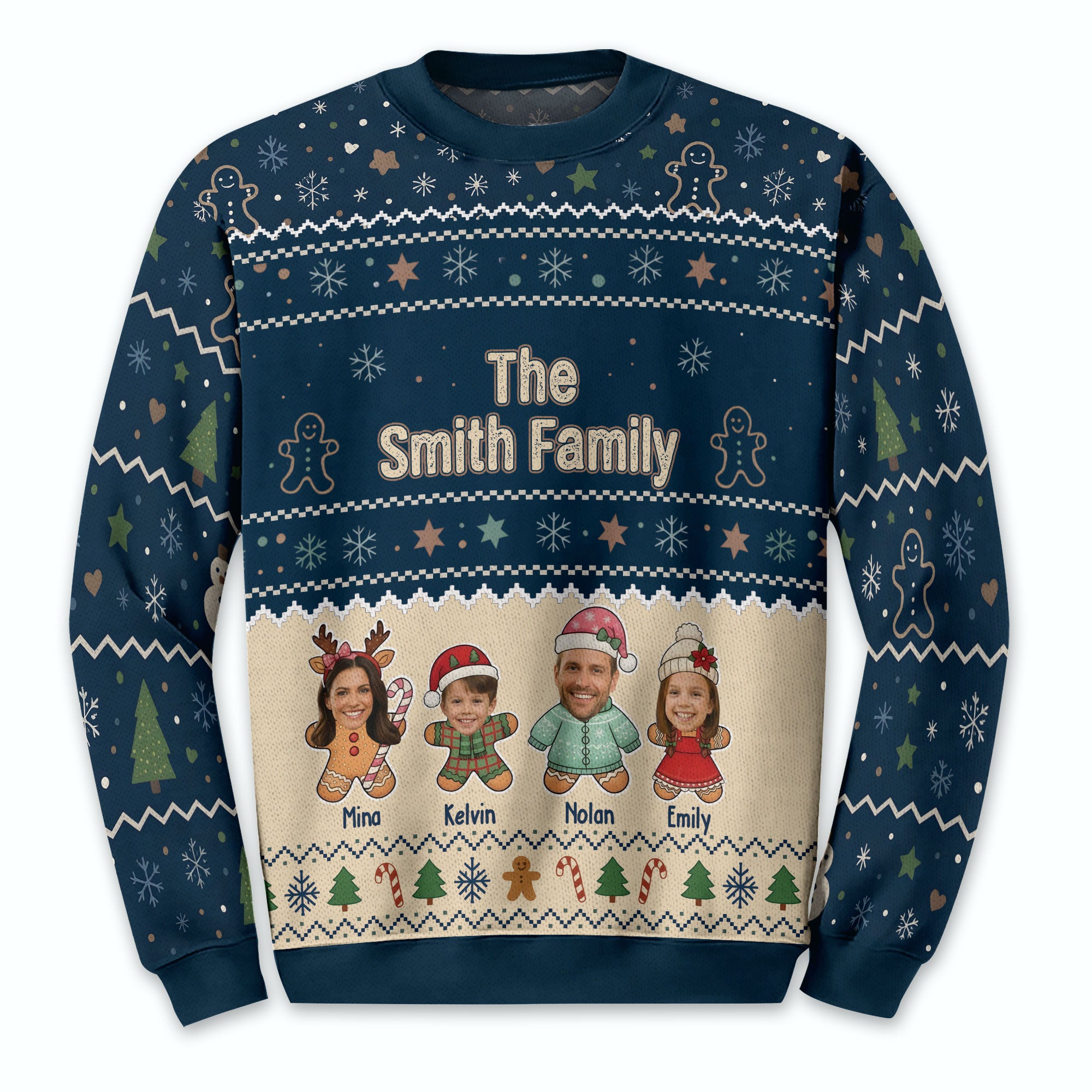 Personalized Gingerbread Family Ugly Christmas Sweater – Custom Name & Photo Holiday Sweatshirt Gift