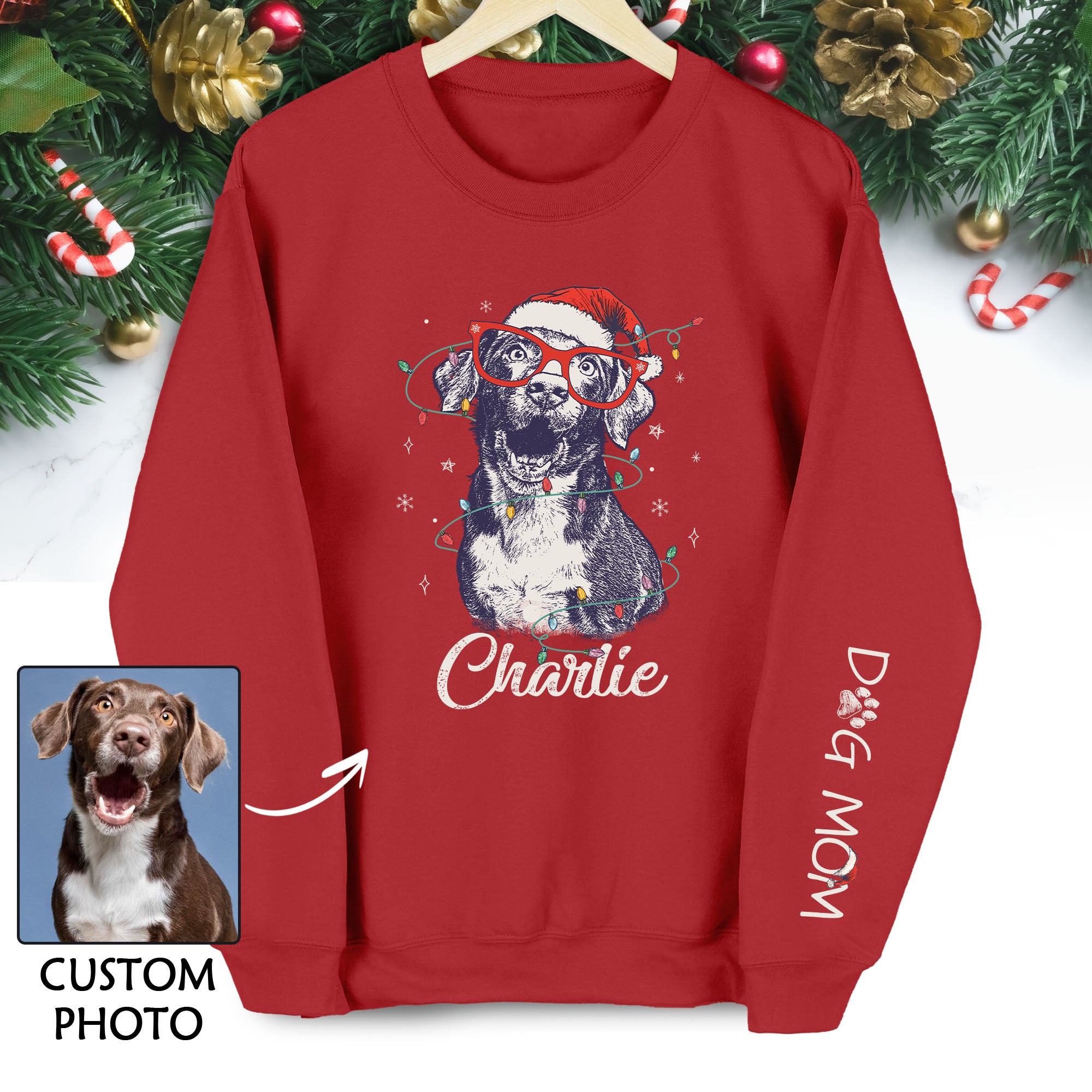 Custom Christmas Pet Portrait Sweatshirt – Personalized Dog Mom Gift – Holiday Pet Illustration
