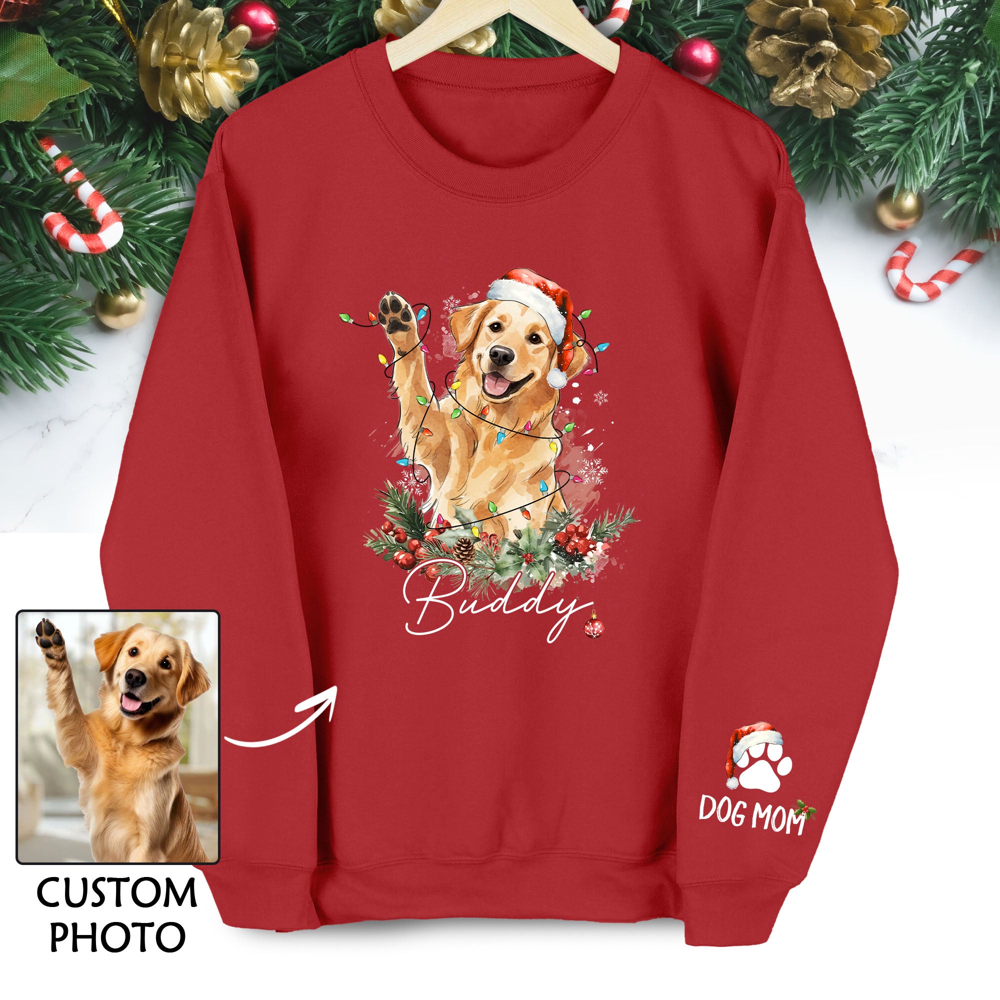 Custom Christmas Dog Sweatshirt – Personalized Pet Photo Holiday Sweatshirt – Cute Santa Dog Mom Gift