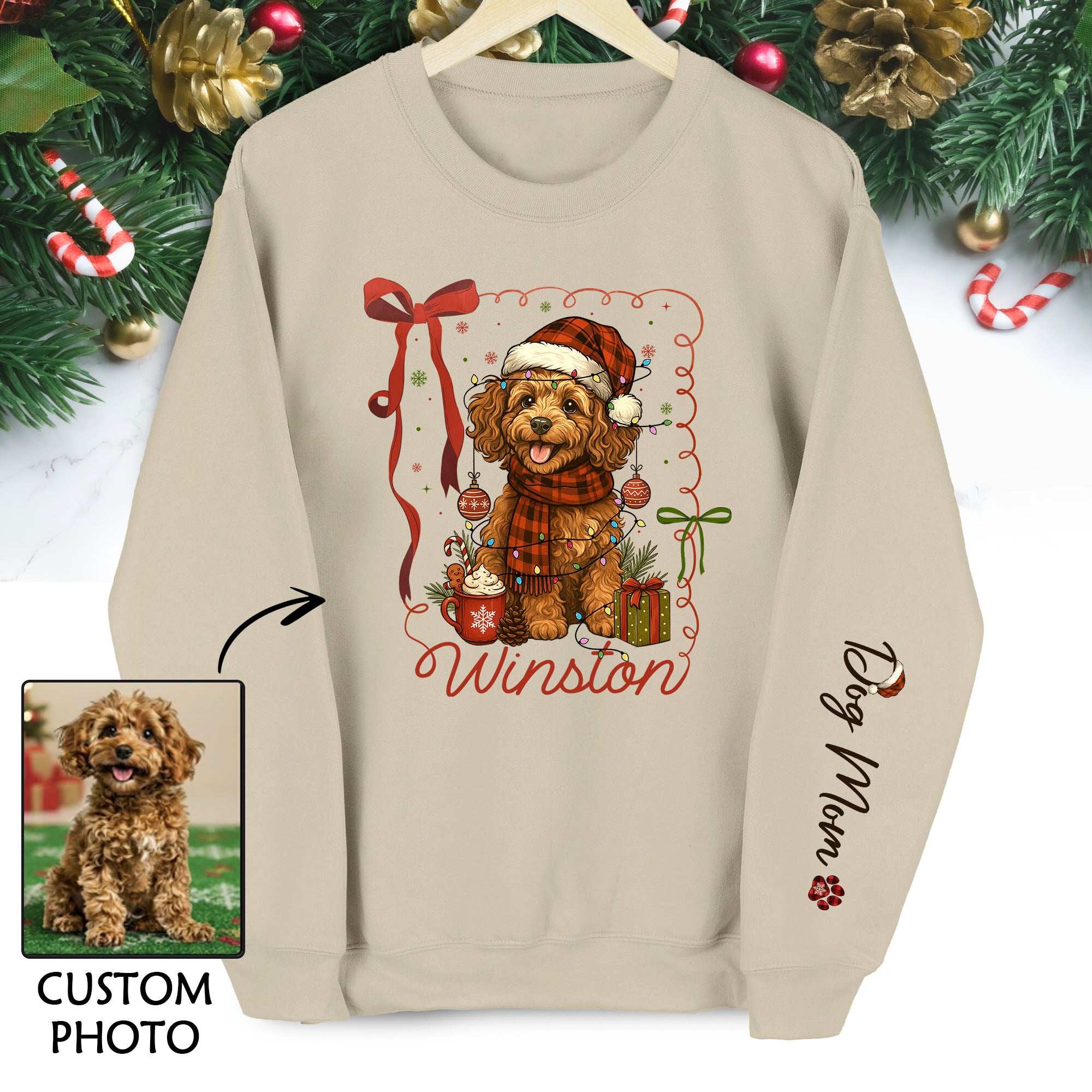 Personalized Christmas Dog Sweatshirt – Custom Pet Photo Holiday Crewneck – Festive Dog Mom Gift