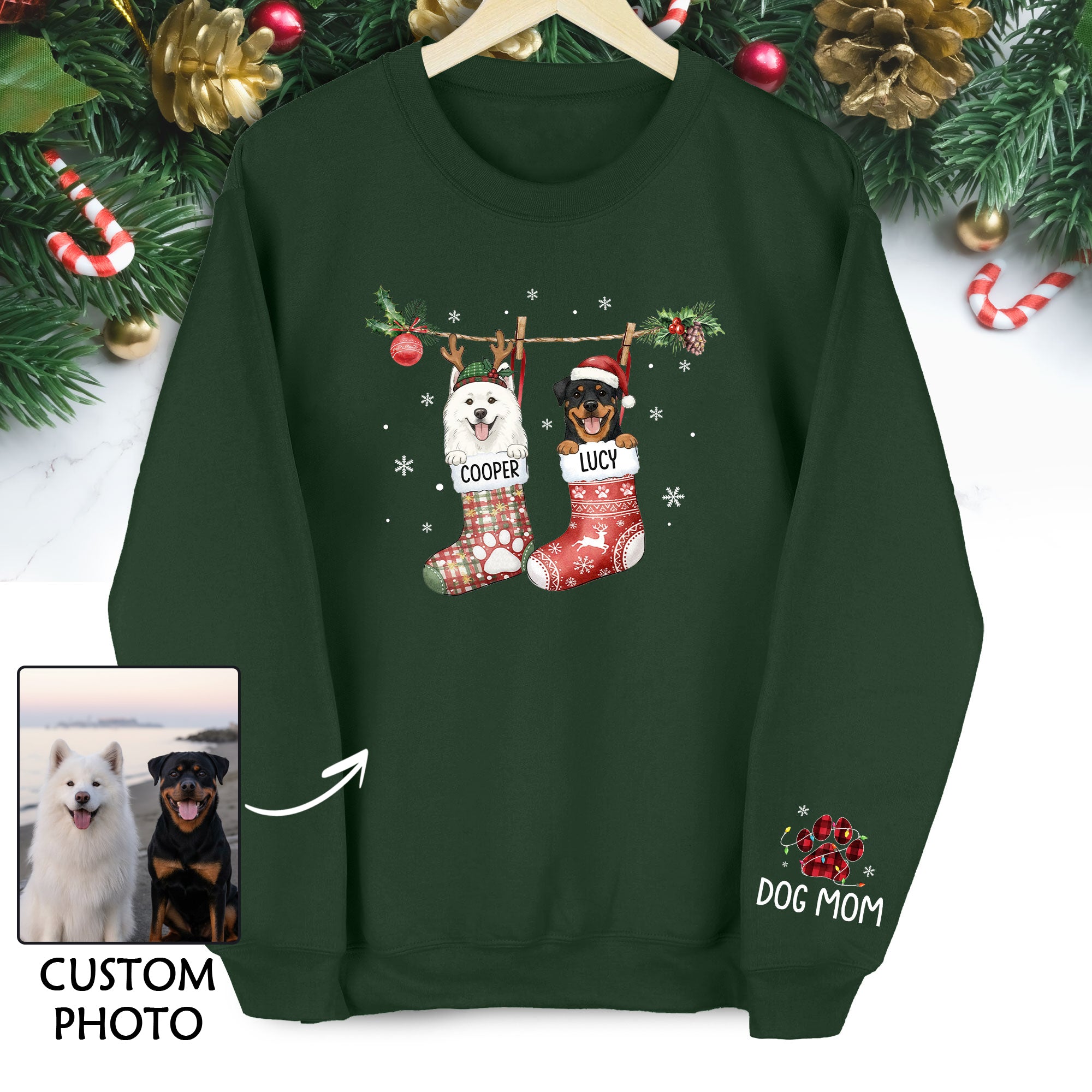 Custom Pet Christmas Stocking Sweatshirt – Personalized Two Dogs Holiday Crewneck Gift for Dog Moms