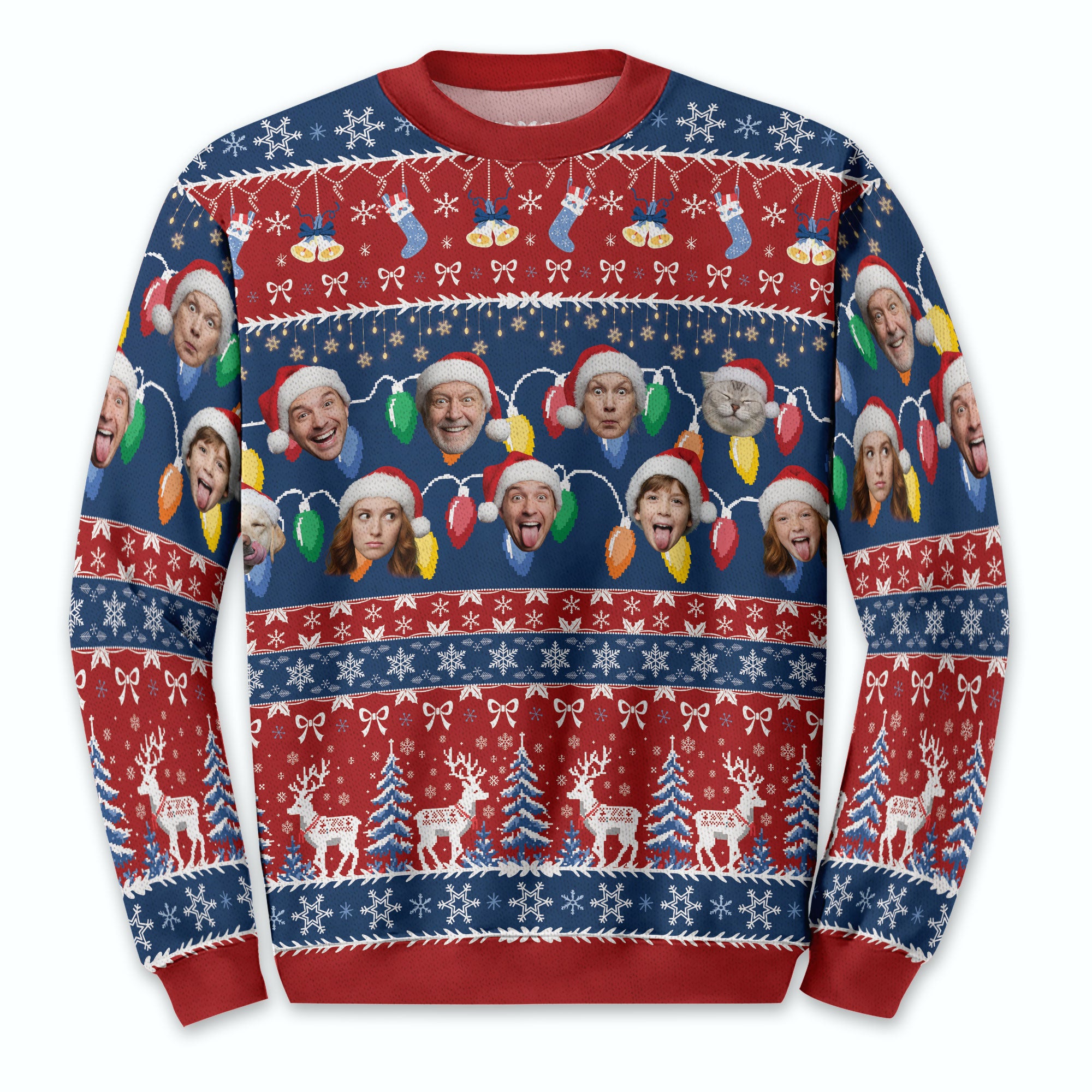 Custom Ugly Christmas Sweater – Personalized Photo Red & Blue Holiday Knit for Family, Pets & Festive Moments