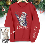 Custom Cat Christmas Sweatshirt, Personalized Pet Portrait Holiday Gift for Cat Moms