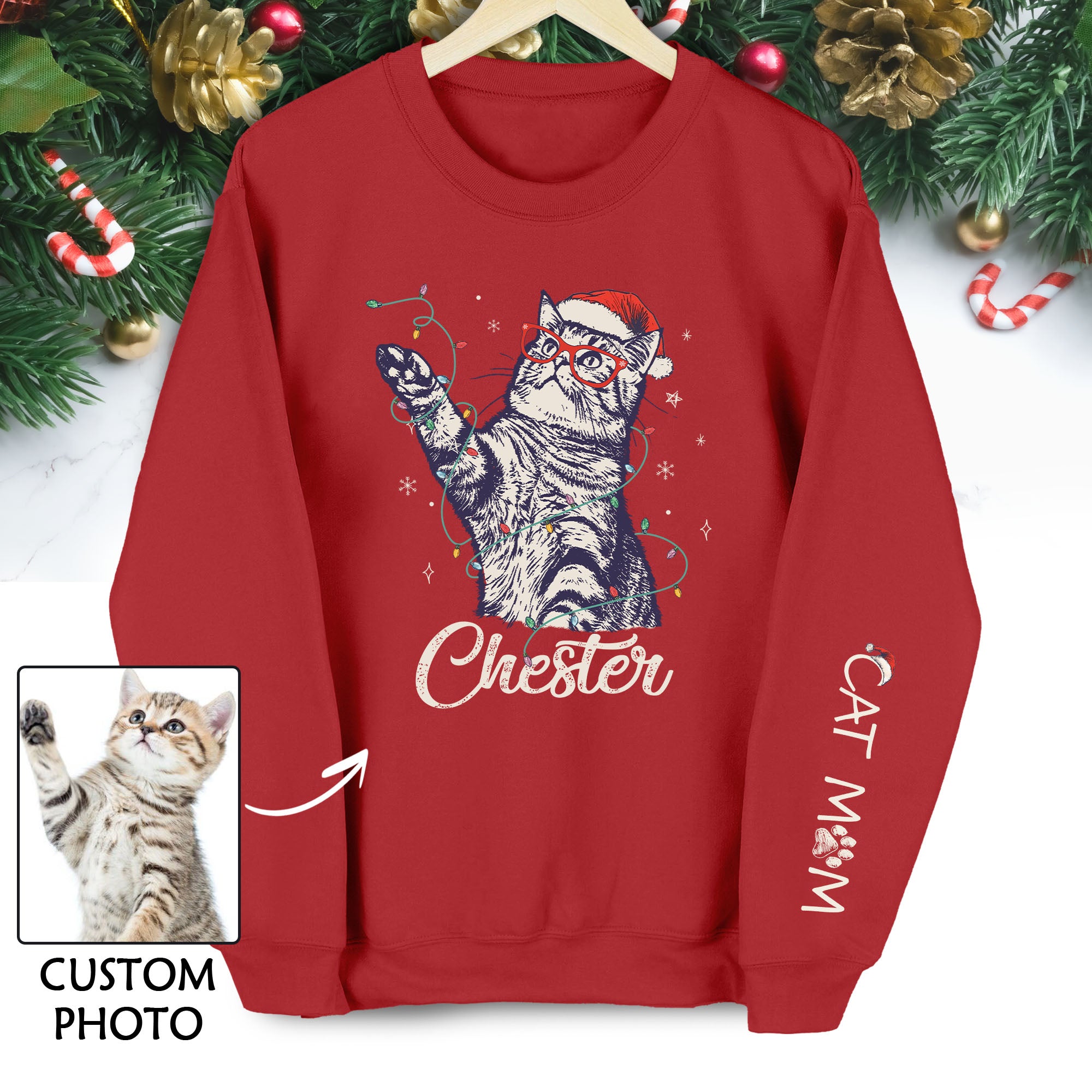 Custom Cat Christmas Sweatshirt, Personalized Pet Portrait Holiday Gift for Cat Moms