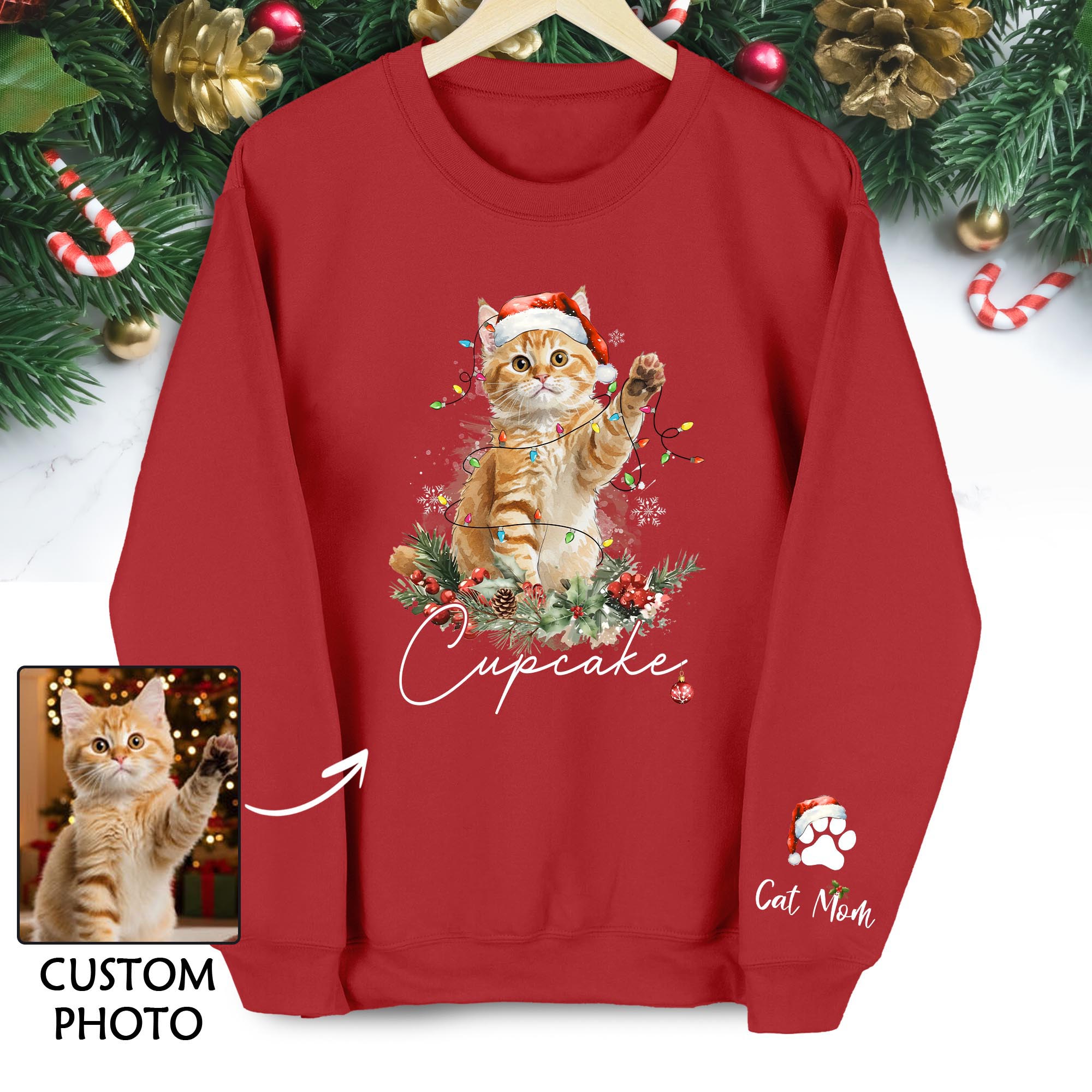 Custom Cat Christmas Sweatshirt – Personalized Holiday Pet Portrait Gift for Cat Moms