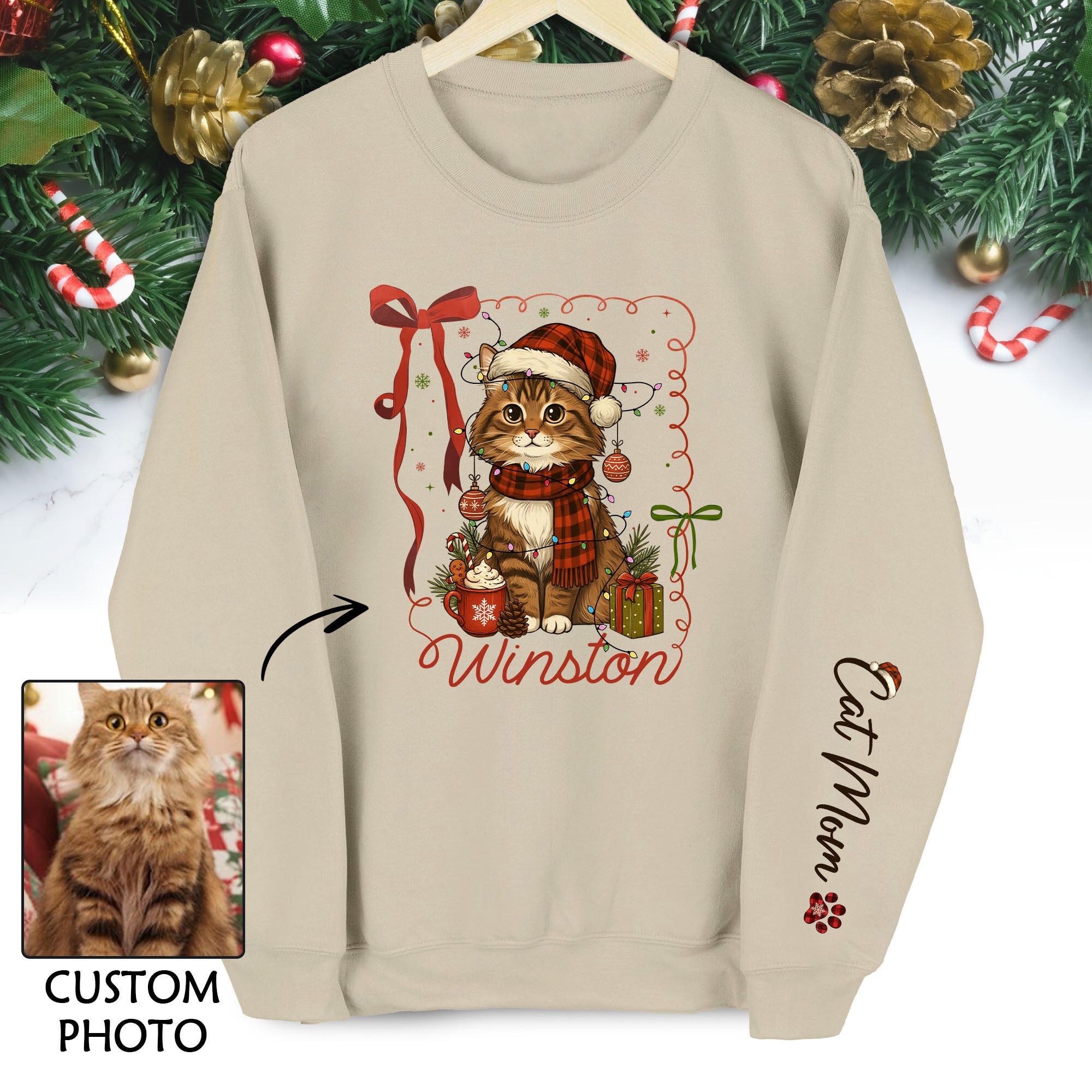 Custom Cat Christmas Personalized Pet Portrait Holiday Gift Sweatshirt for Cat Moms