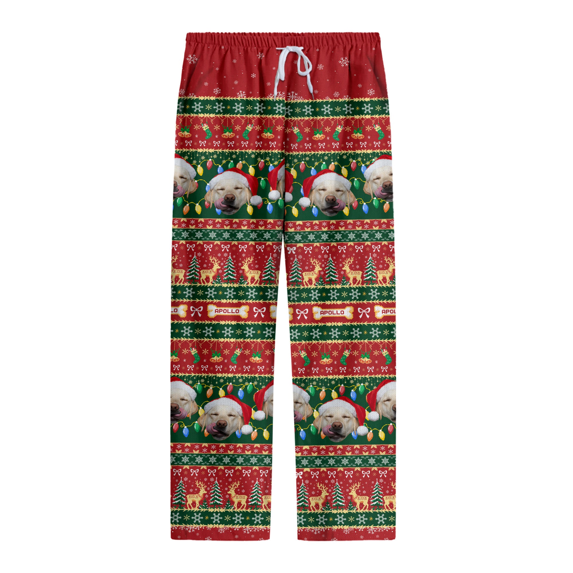 Custom Pet Christmas Lights Pajama Pants – Personalized Dog Photo & Name Holiday Lounge Bottoms