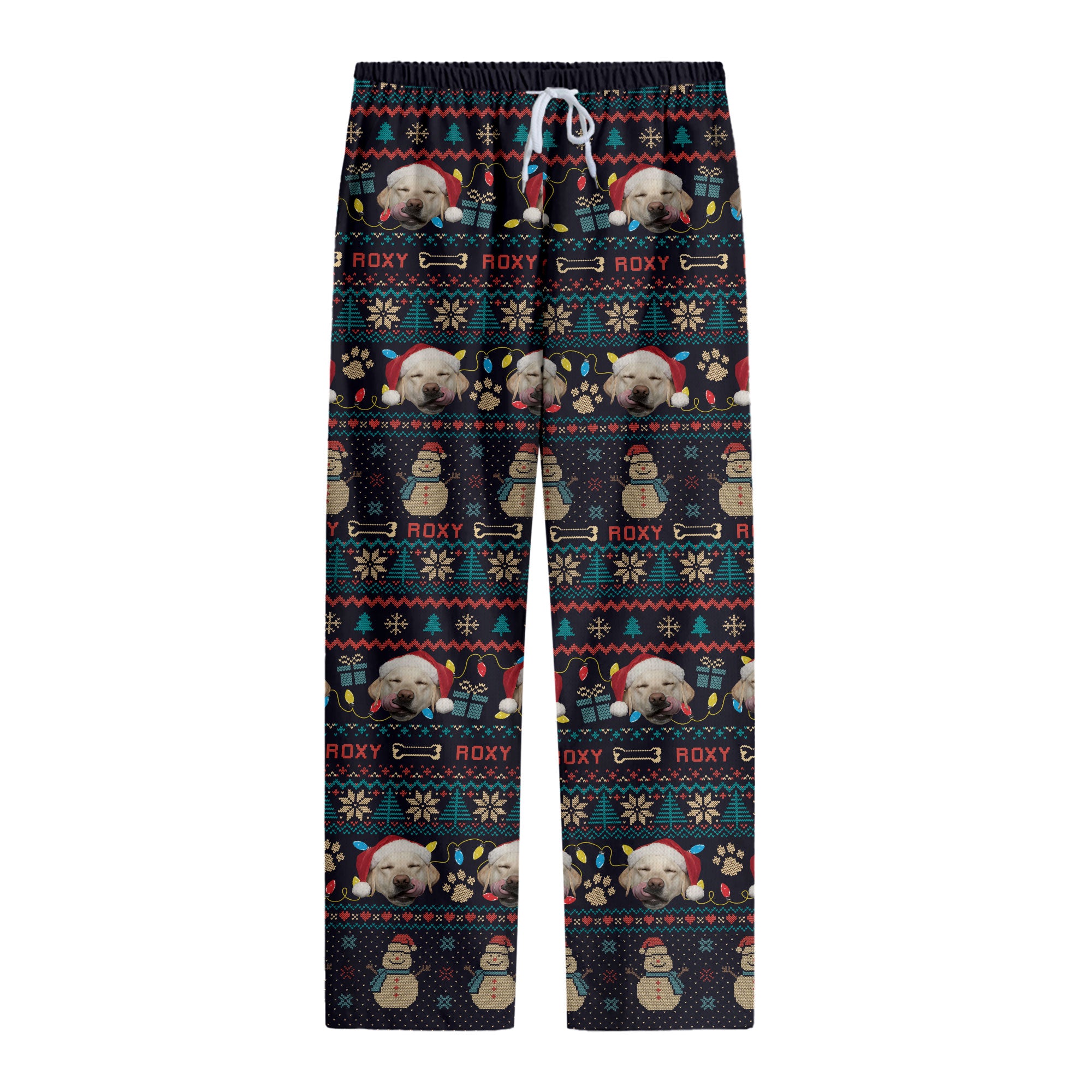 Custom Pet Snowman Christmas Pajama Pants – Personalized Dog Photo & Name Holiday Sleepwear