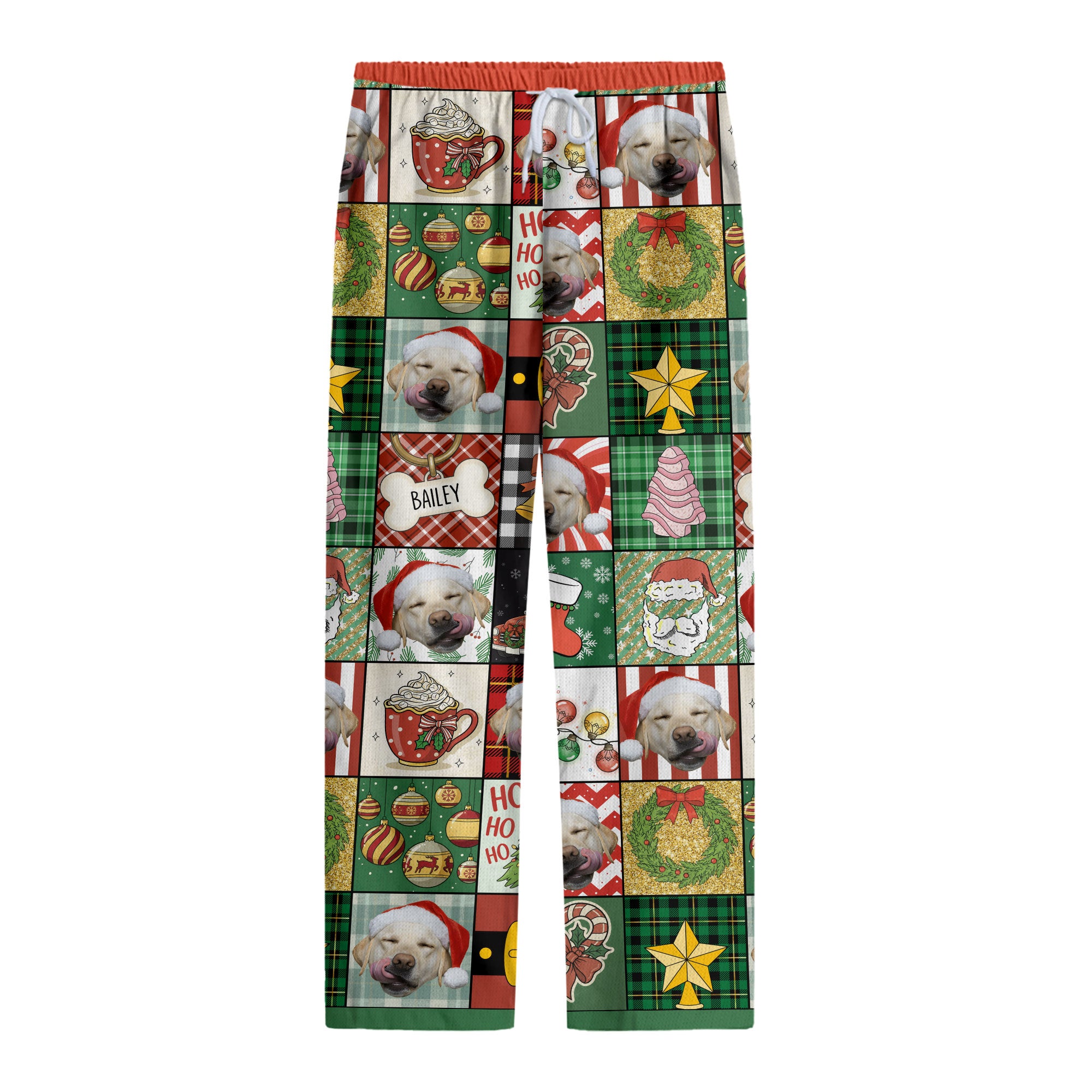 Custom Patchwork Christmas Pet Pajama Pants – Personalized Dog Photo & Name Holiday Lounge Wear