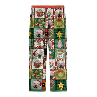 Custom Patchwork Christmas Pet Pajama Pants – Personalized Dog Photo & Name Holiday Lounge Wear