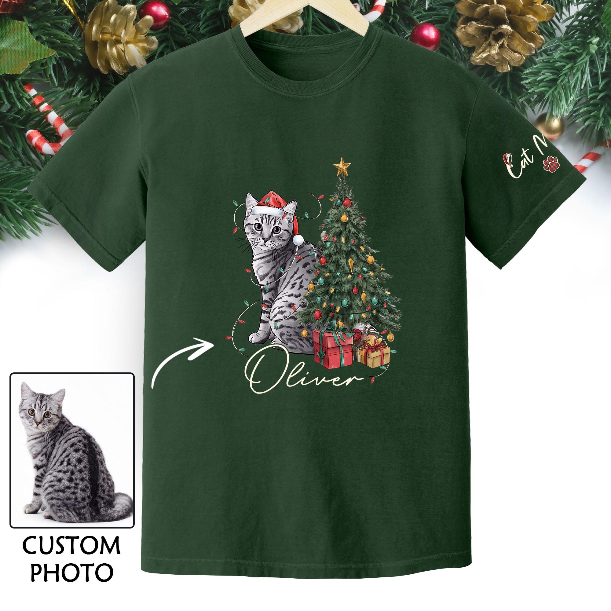 Custom Cat Christmas T-Shirt – Personalized Pet Photo Shirt, Cute Holiday Gift for Pet Lovers