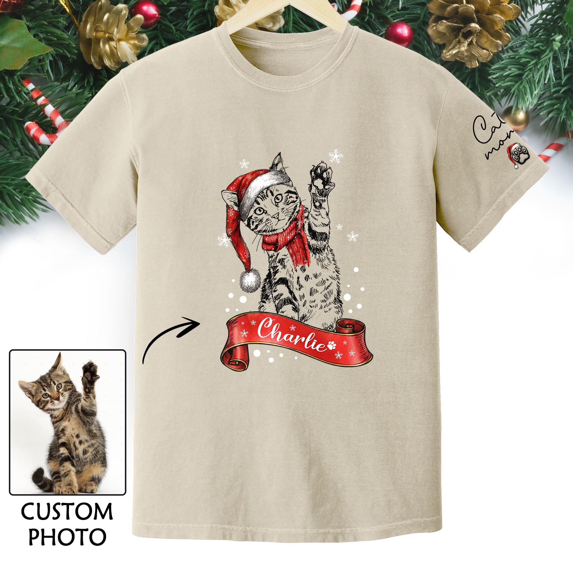 Personalized Cat Lover T-Shirt – Custom Pet Photo Christmas Shirt, Gift for Pet Lovers