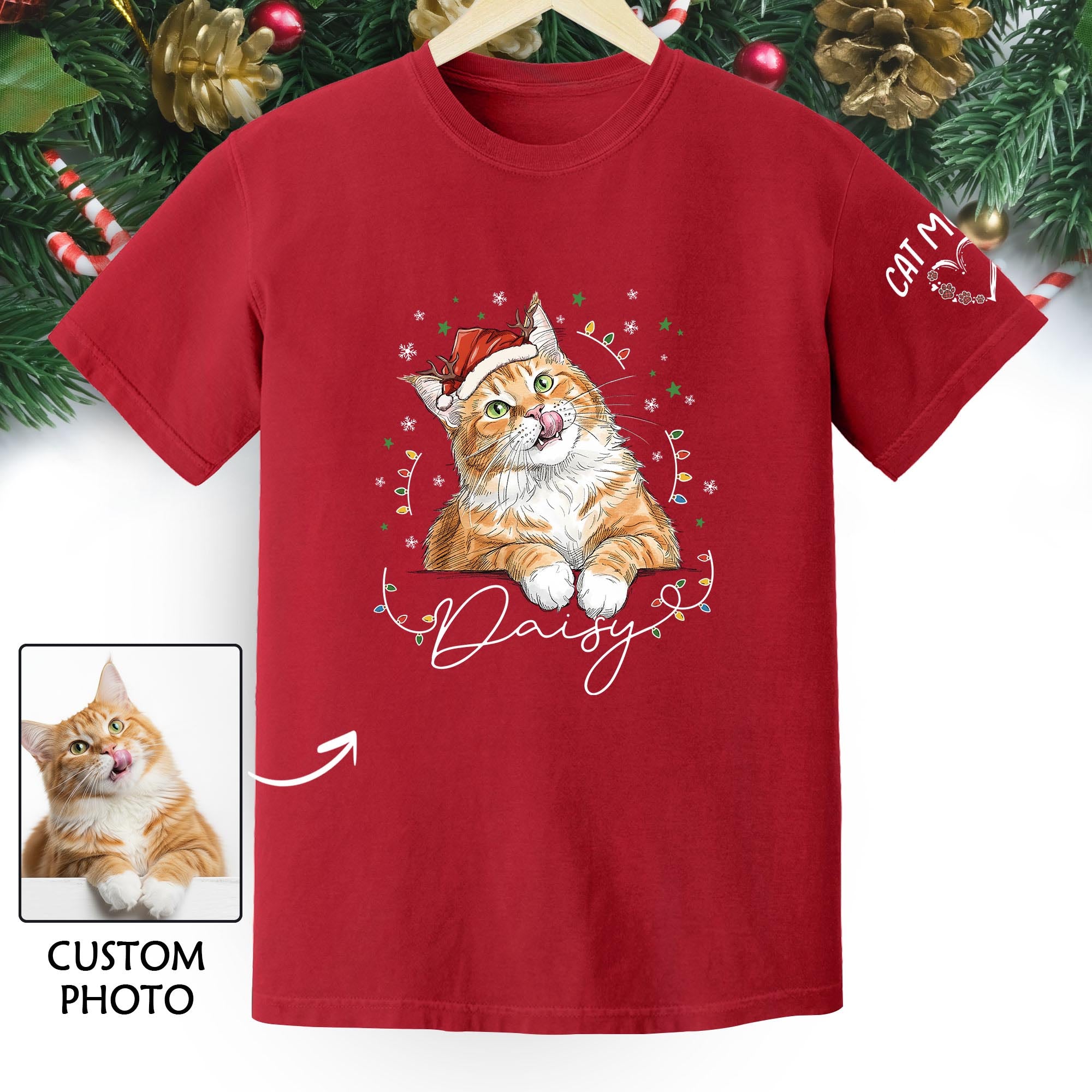 Christmas Cat T-Shirt – Custom Pet Photo Tee, Personalized Holiday Gift for Cat Lovers