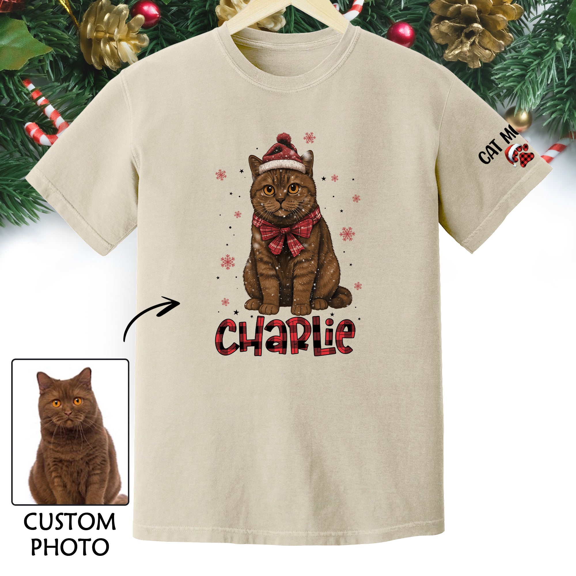 Personalized Cat Christmas Shirt – Custom Pet Photo Tee, Holiday Gift for Cat Mom