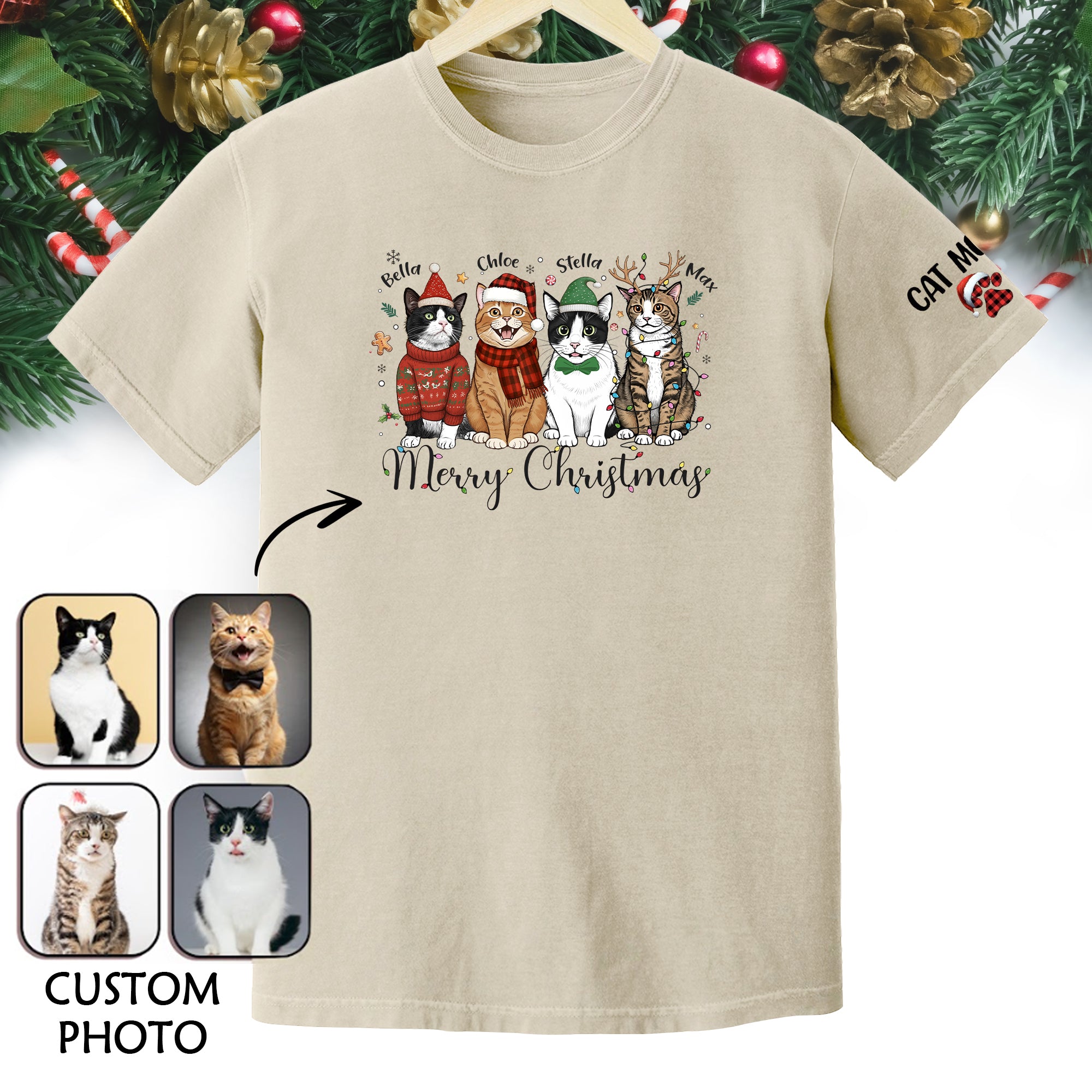 Custom Cat Lover T-Shirt – Personalized Pet Photo Christmas Shirt, Cute Gift for Women