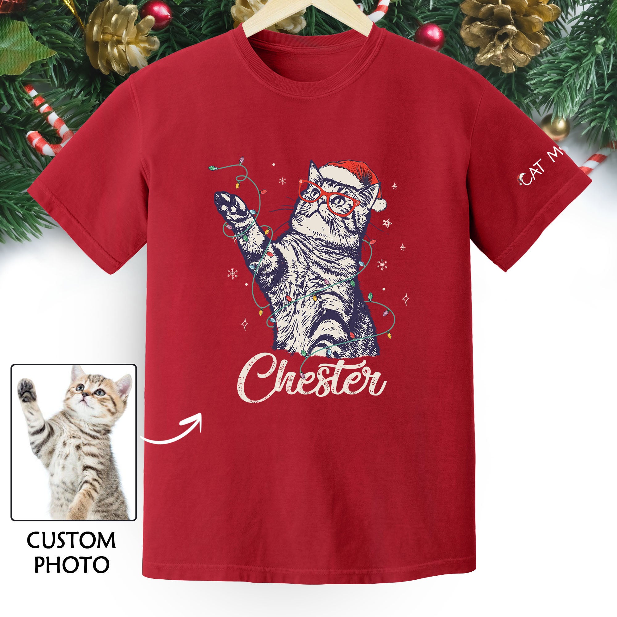 Personalized Cat Christmas Shirt – Custom Pet Photo T-Shirt, Holiday Gift for Cat Mom