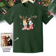 Personalized Cat Photo Christmas T-Shirt – Custom Pet Lover Gift for Cat Mom, Holiday Tee