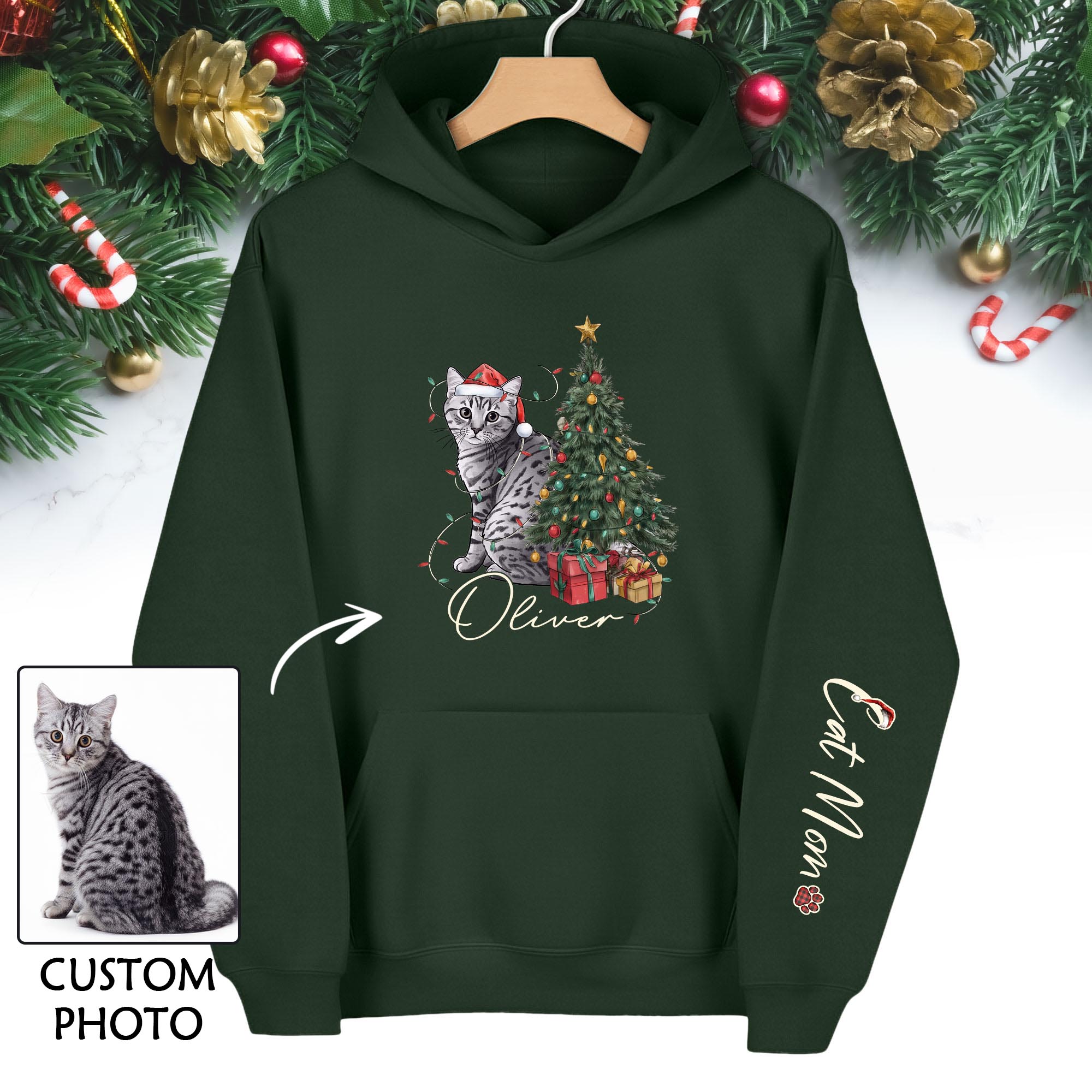 Personalized Cat Mom Christmas Hoodie – Custom Pet Photo Hoodie with Cat Name, Holiday Gift for Cat Lovers