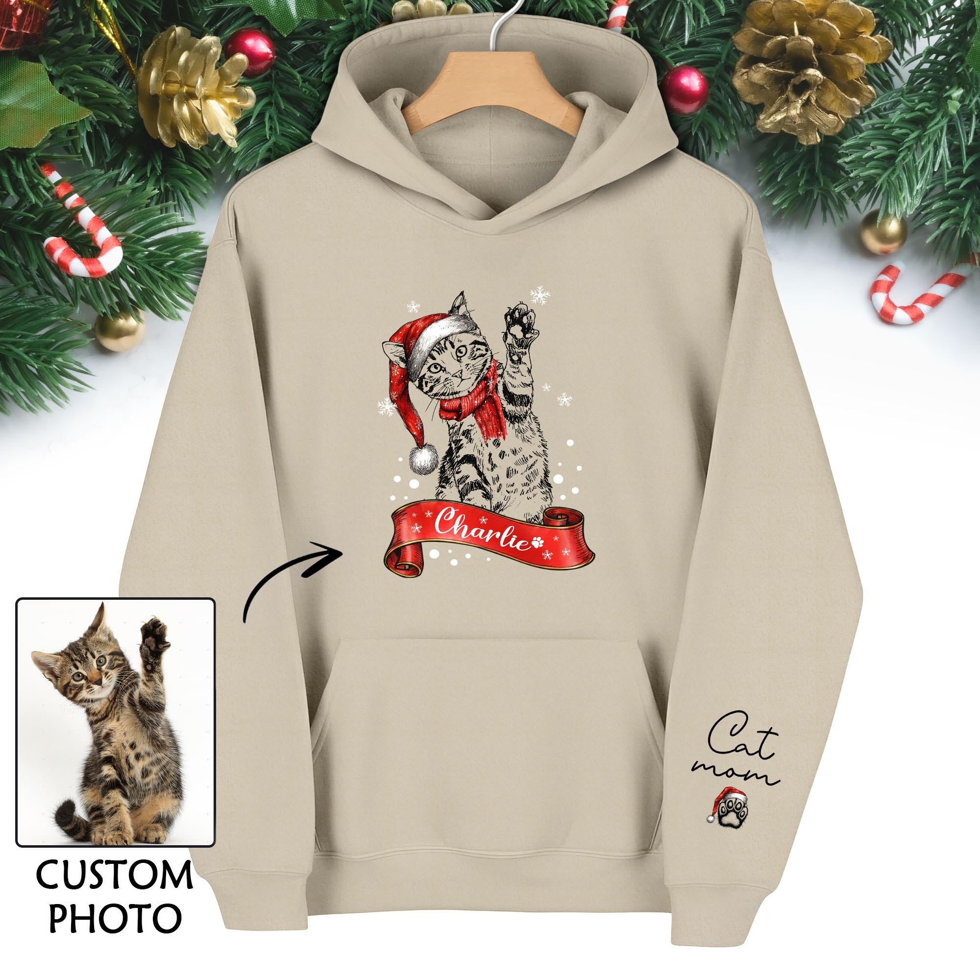 Custom Cat Mom Christmas Hoodie – Personalized Cat Photo Hoodie with Pet Name, Holiday Gift for Cat Lovers