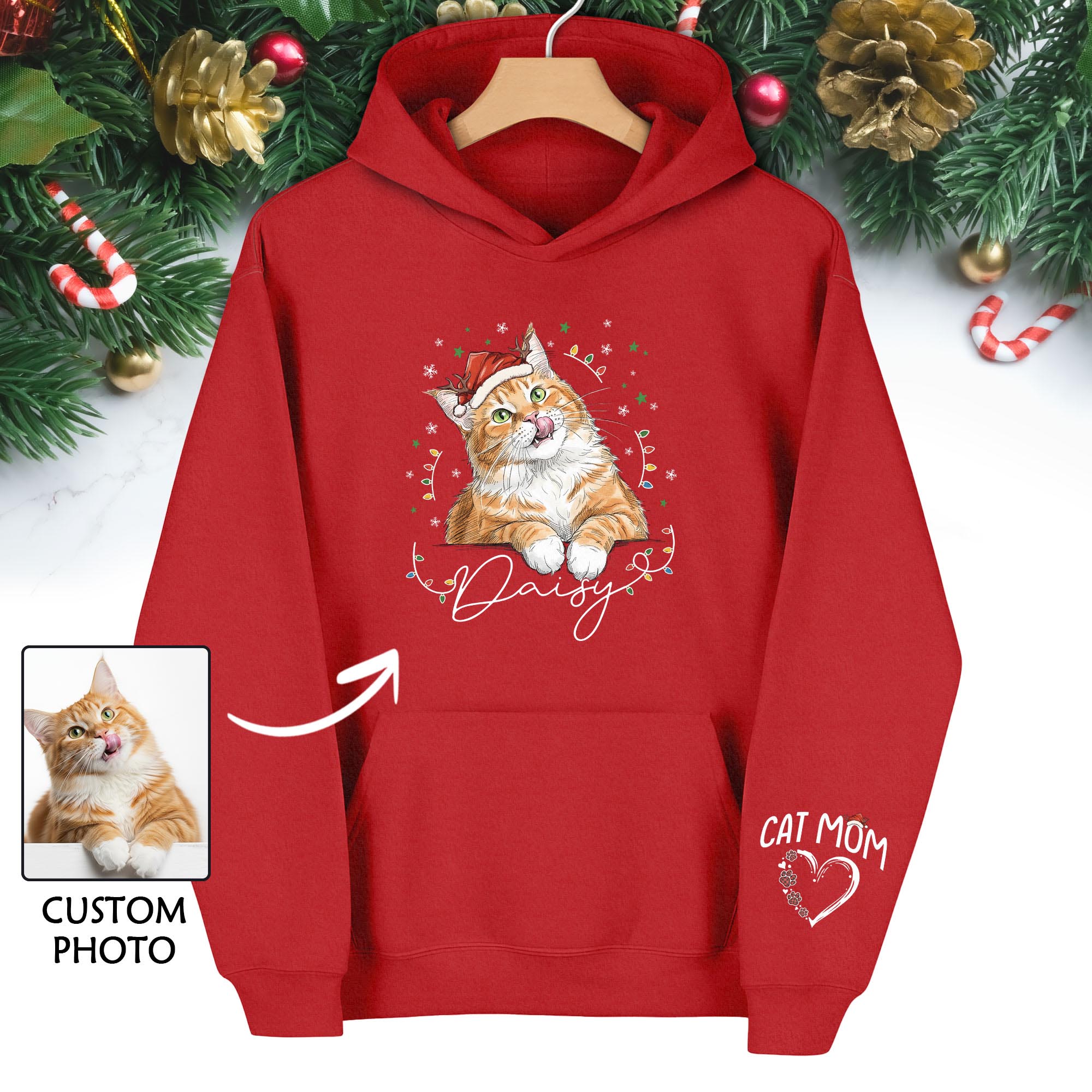 Personalized Cat Mom Christmas Hoodie – Custom Cat Photo Hoodie with Pet Name, Cute Holiday Gift for Cat Lovers