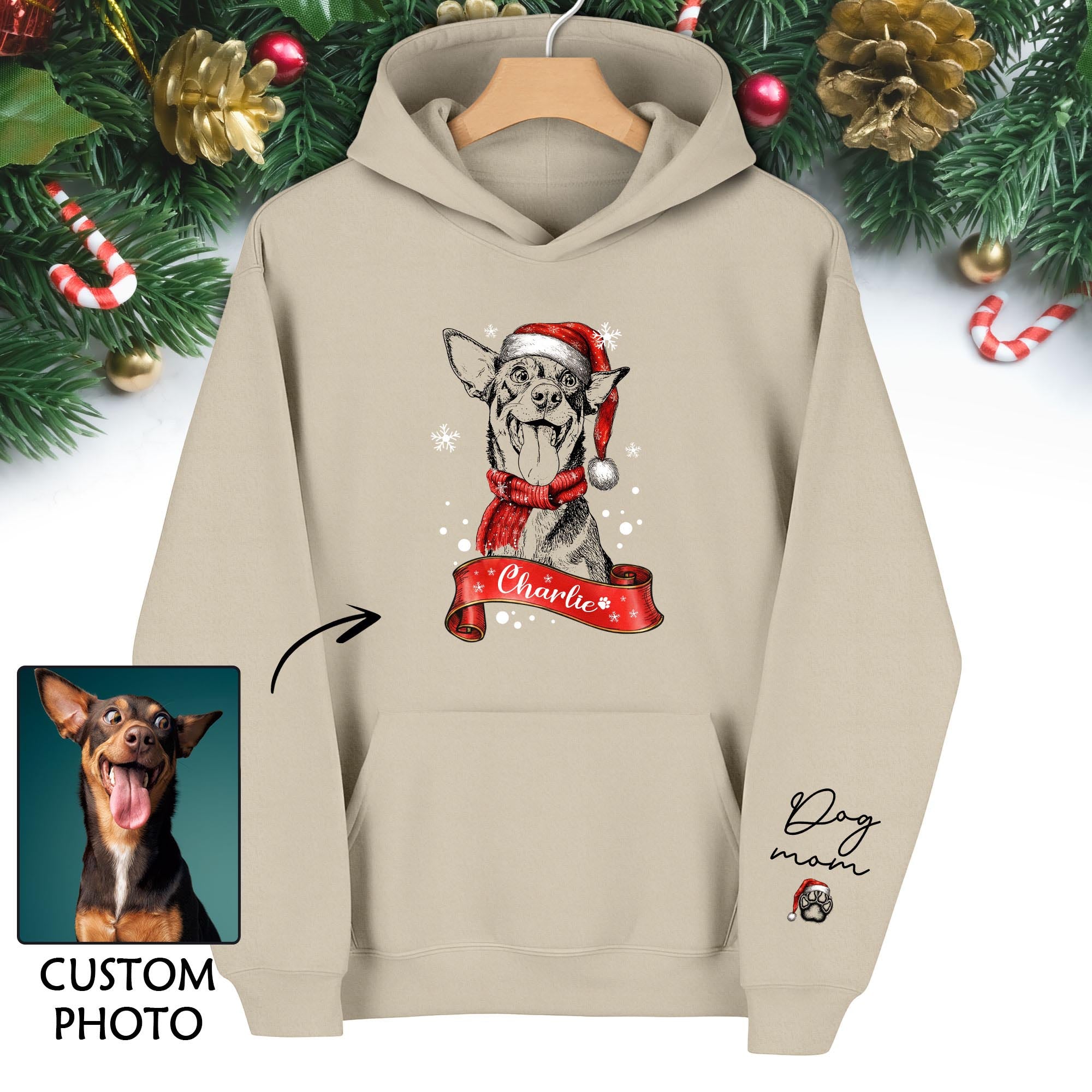 Custom Dog Mom Christmas Hoodie – Personalized Dog Photo Hoodie with Pet Name, Holiday Gift for Pet Lovers