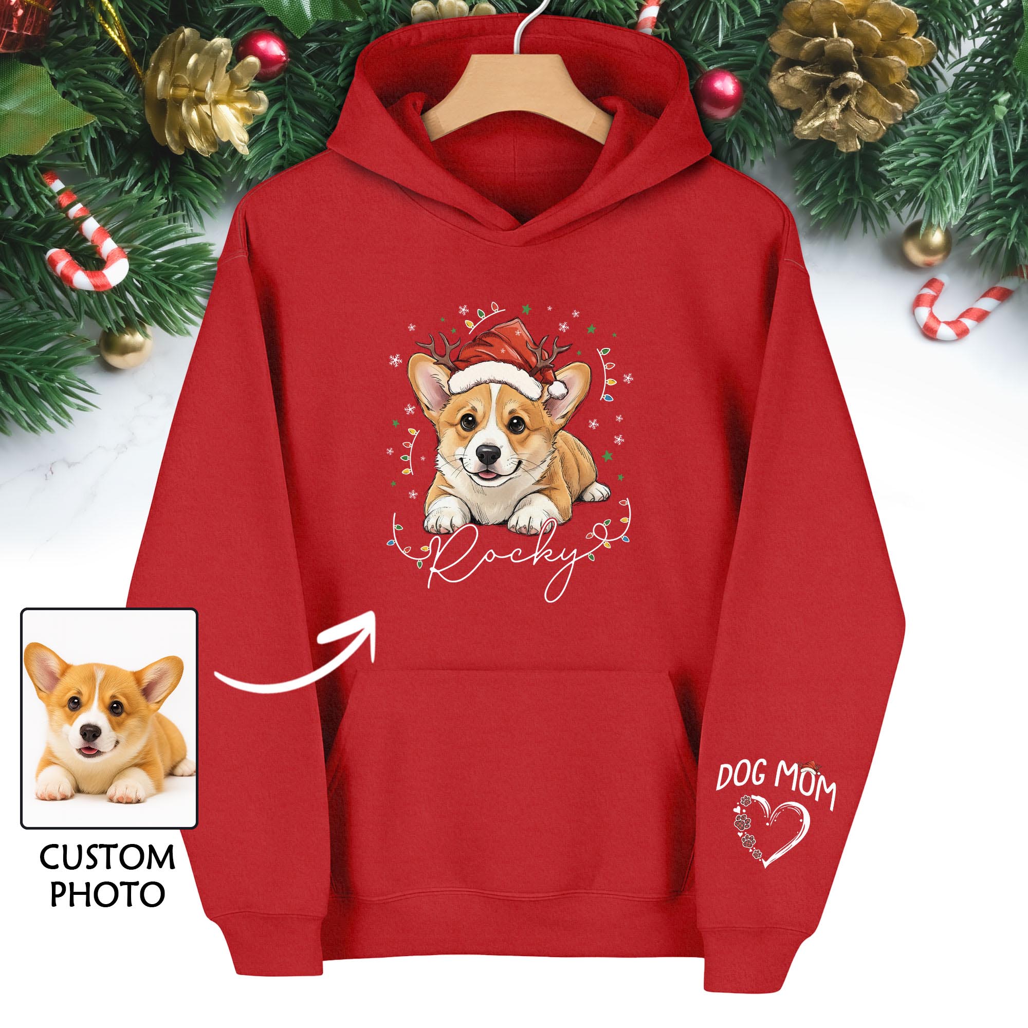 Personalized Dog Mom Christmas Hoodie – Custom Dog Photo Hoodie with Pet Name, Cute Holiday Gift for Dog Lovers