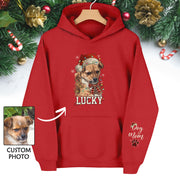 Personalized Dog Mom Christmas Hoodie – Custom Dog Photo Hoodie with Pet Name, Holiday Gift for Pet Lovers