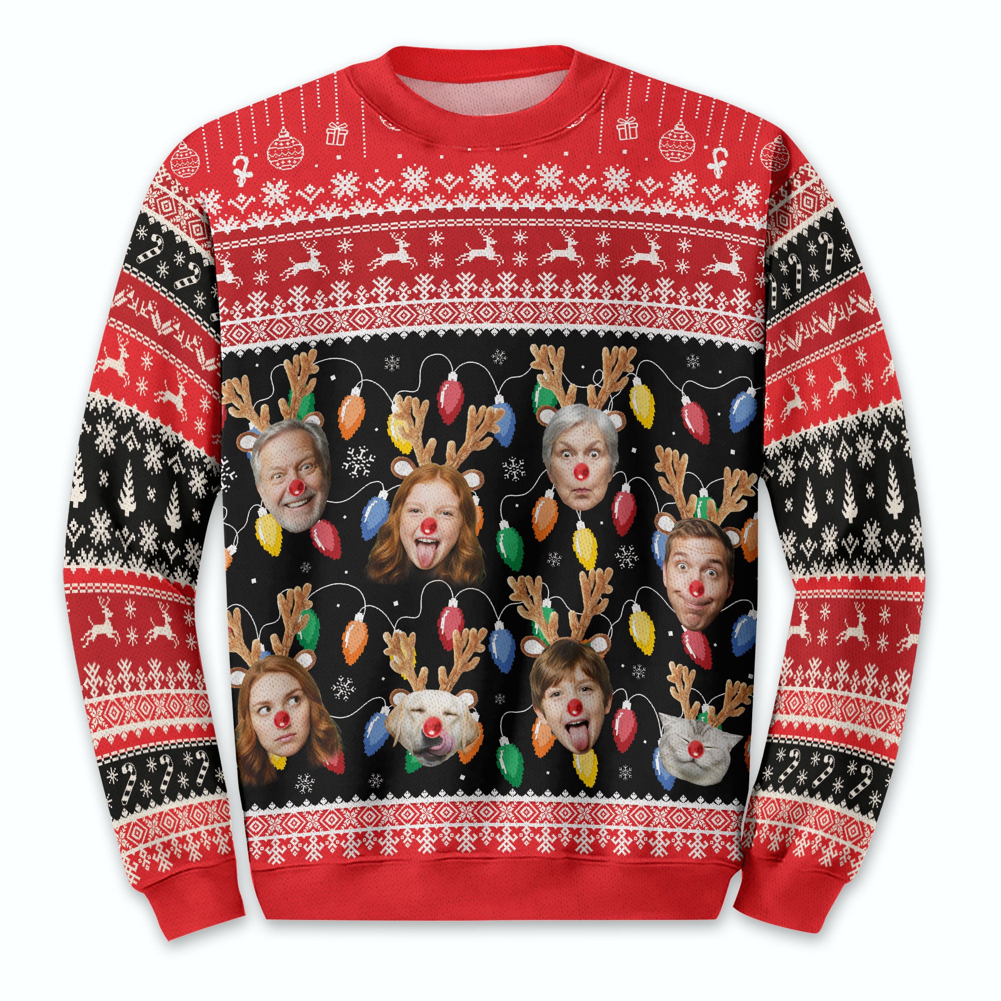 Custom Ugly Christmas Sweater – Personalized Photo Reindeer Lights Design for Family, Pets & Holiday Fun