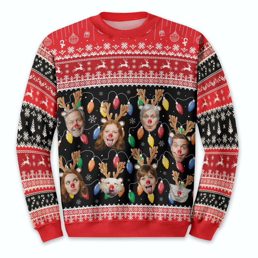 Custom Ugly Christmas Sweater – Personalized Photo Reindeer Lights Design for Family, Pets & Holiday Fun