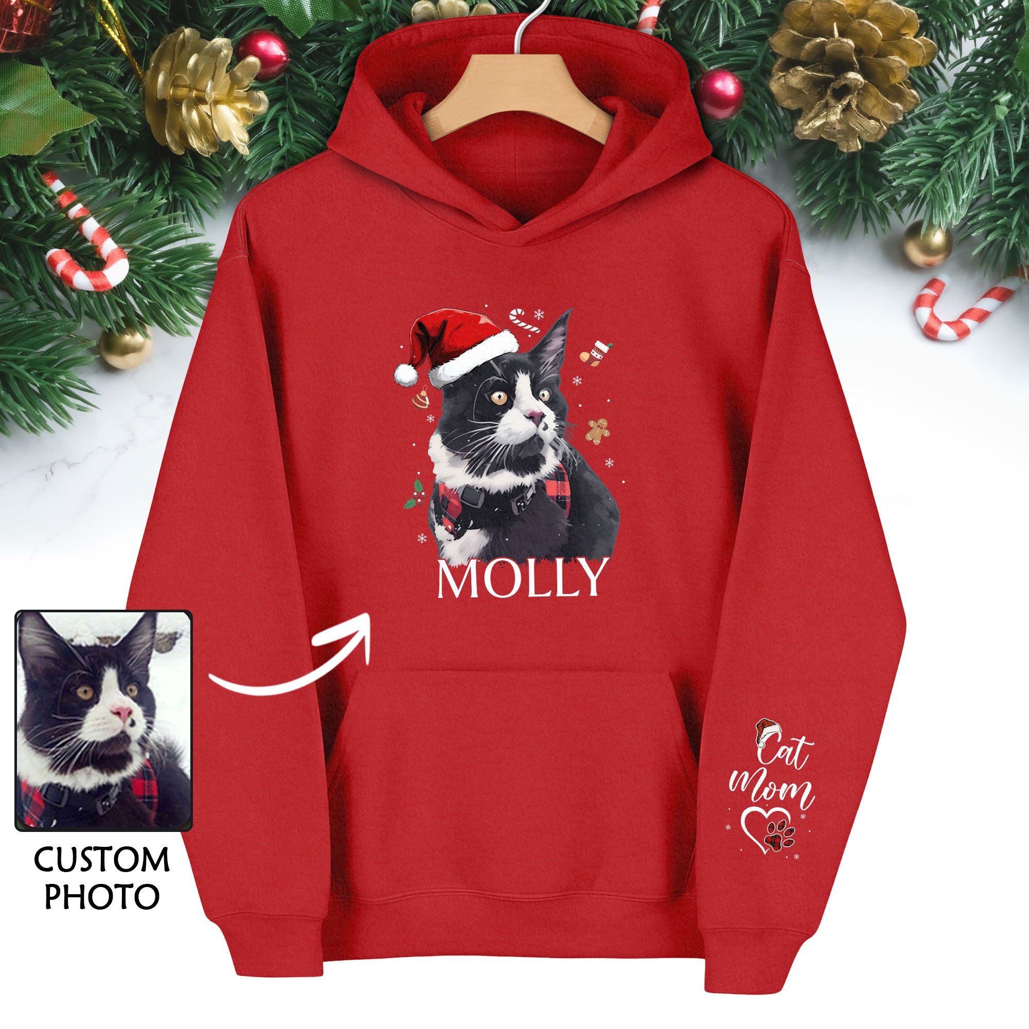 Custom Cat Photo Hoodie – Personalized Holiday Hoodie with Cat Design for Cat Moms