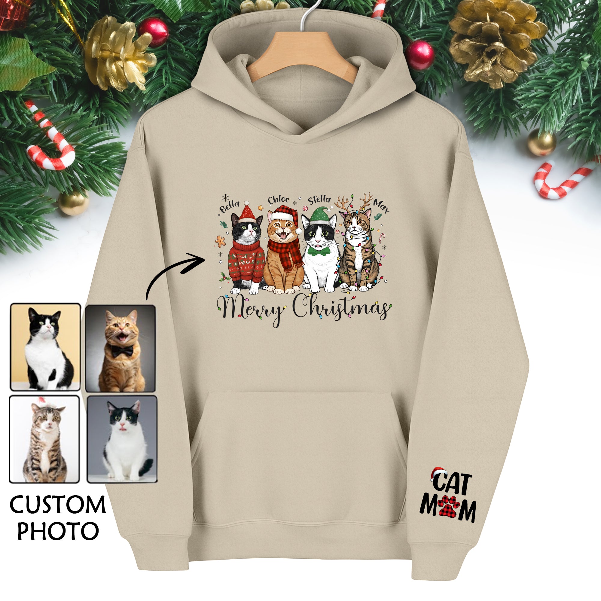 Custom Pet Christmas Hoodie – Personalized Cat Photo Hoodie for Pet Moms