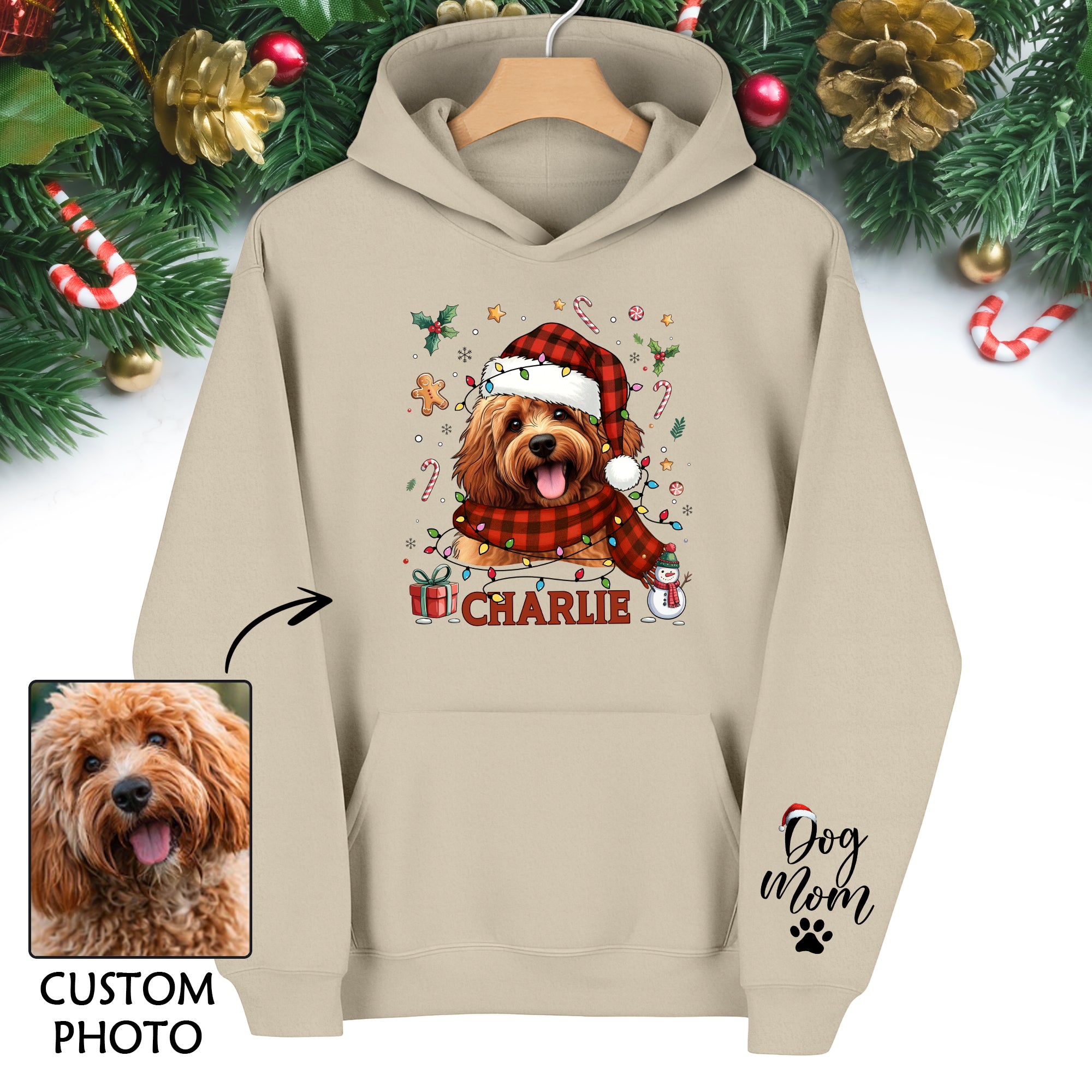 Personalized Dog Mom Hoodie – Custom Pet Photo Christmas Hoodie, Holiday Gift for Pet Lovers