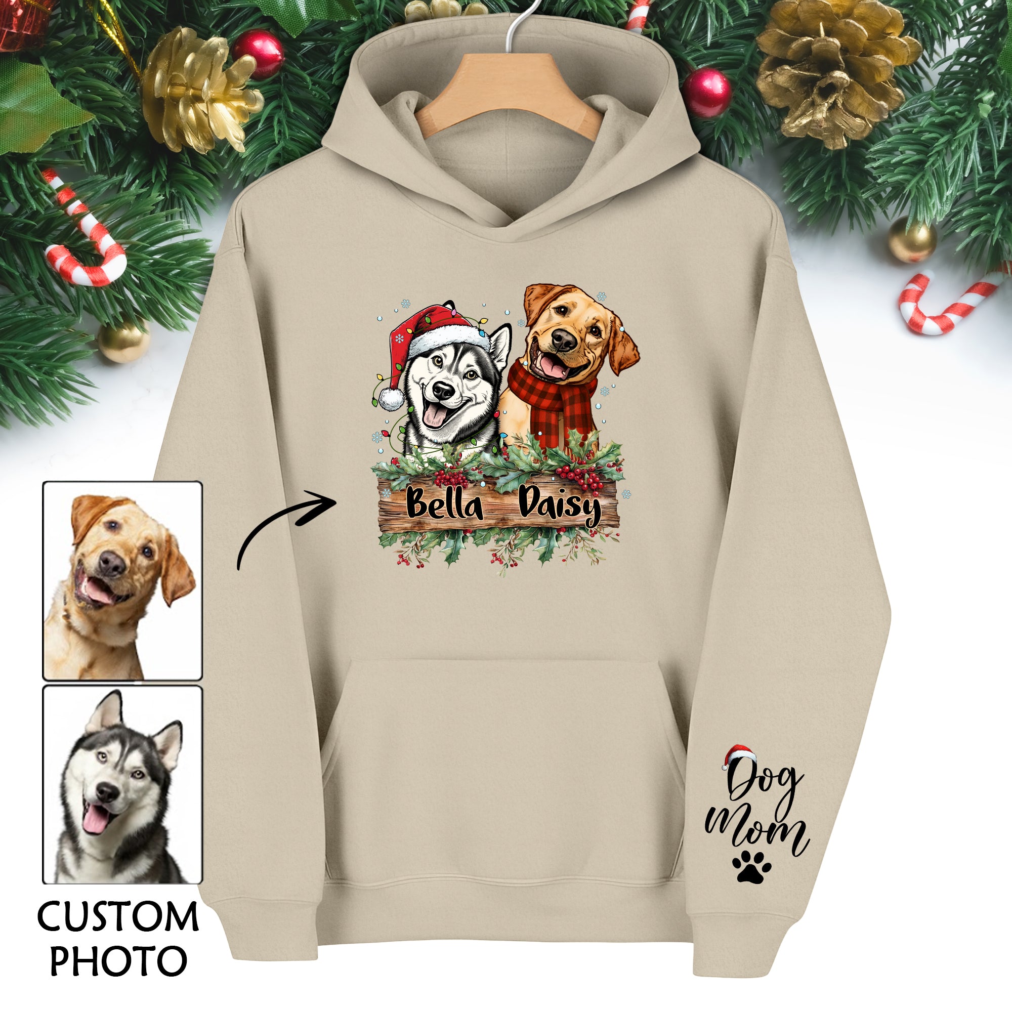 Dog Mom Christmas Hoodie – Custom Pet Photo Hoodie, Personalized Holiday Gift for Dog Mom