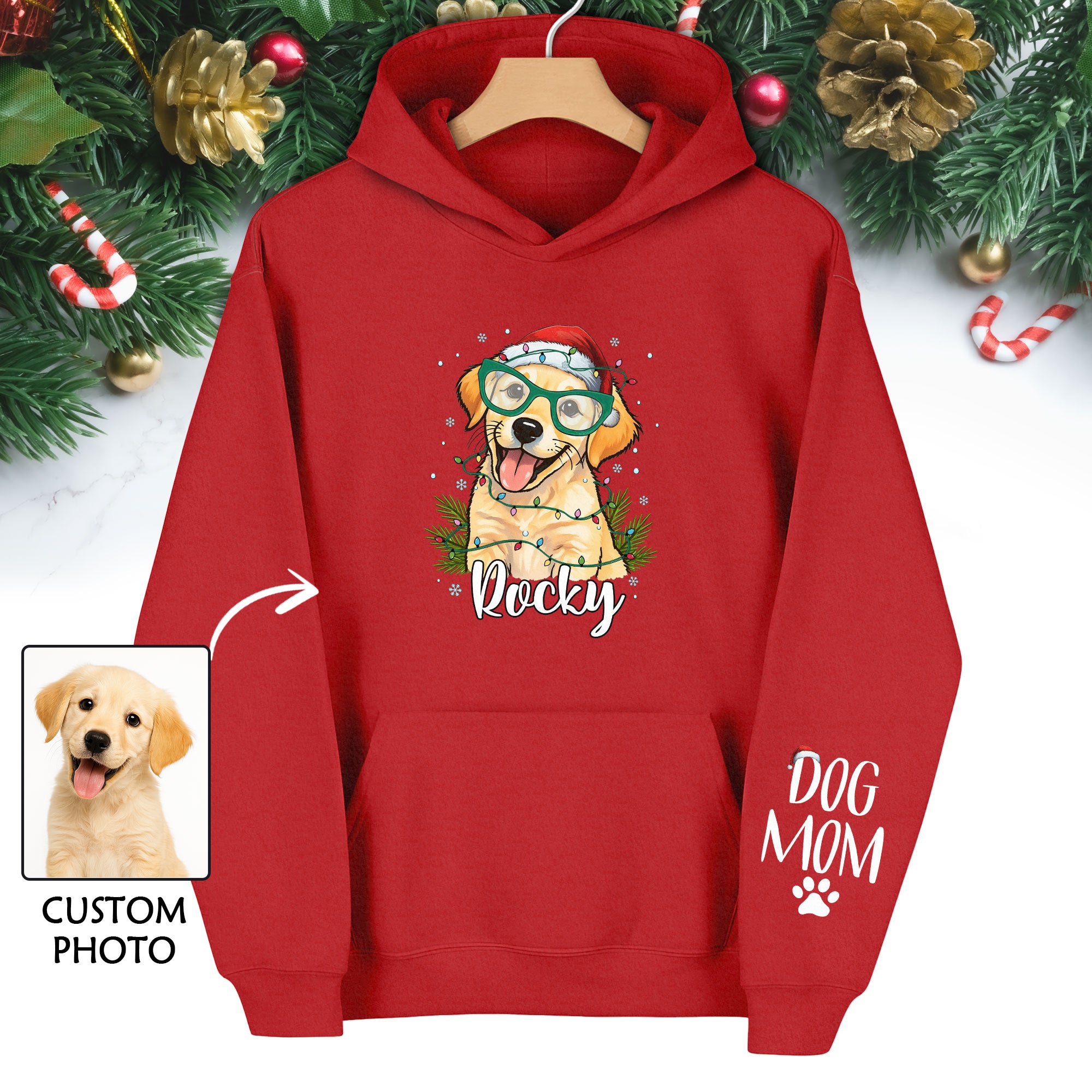 Custom Pet Photo Hoodie – Personalized Dog Mom Christmas Hoodie, Funny Gift for Women