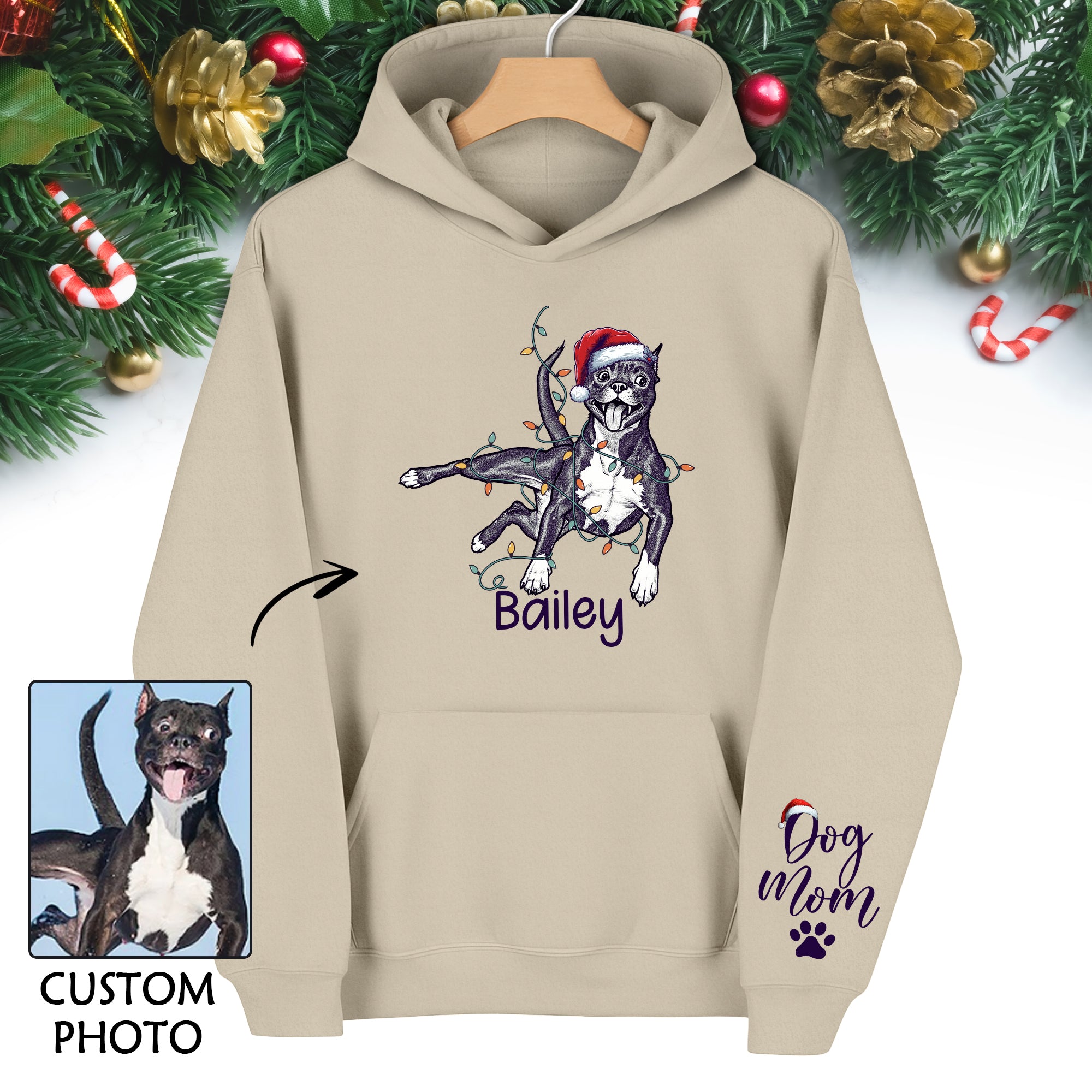 Christmas Dog Mom Hoodie – Personalized Pet Photo Hoodie, Custom Holiday Gift for Women