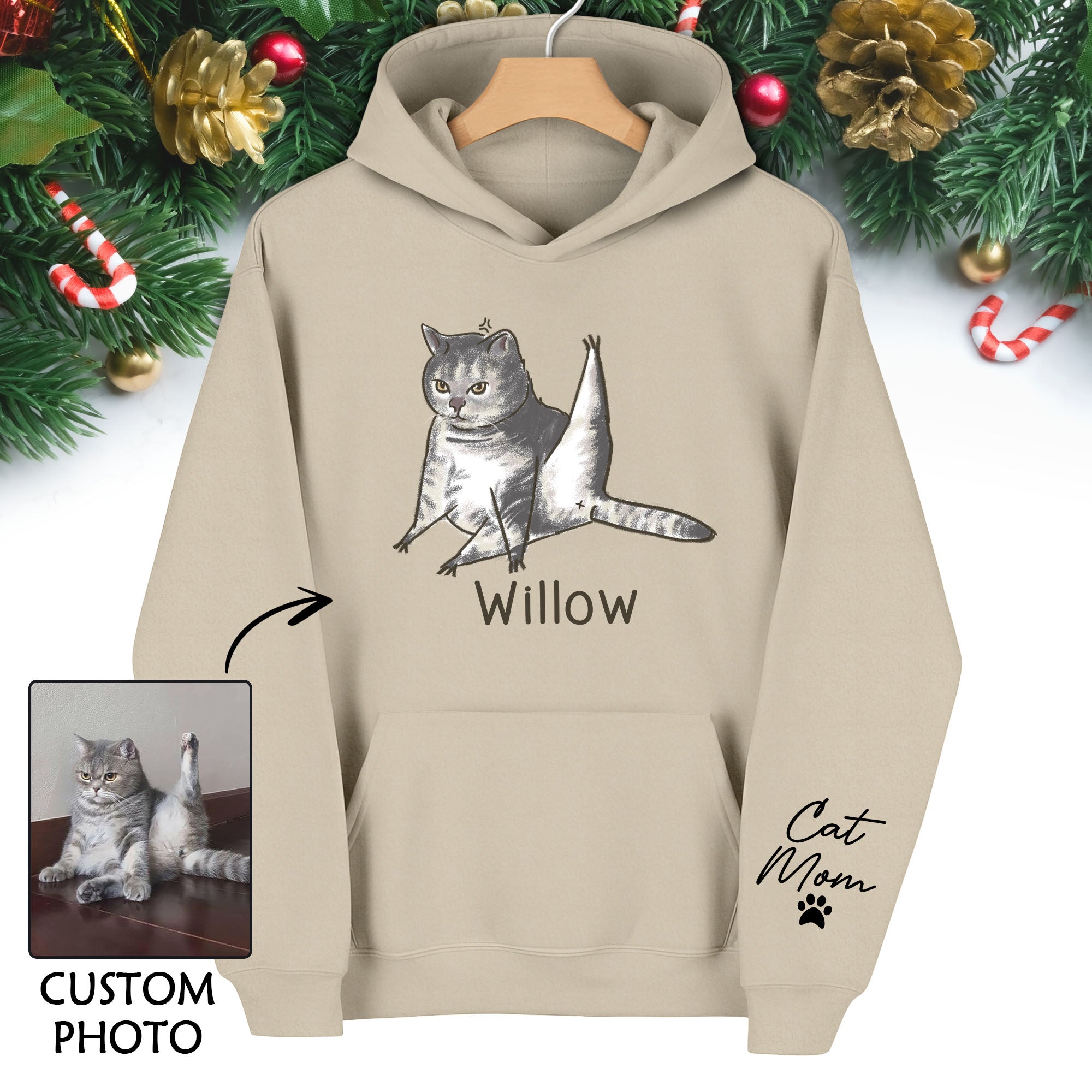 Custom Cat Mom Hoodie – Personalized Cat Hoodie with Pet Photo & Name, Funny Gift for Cat Lovers