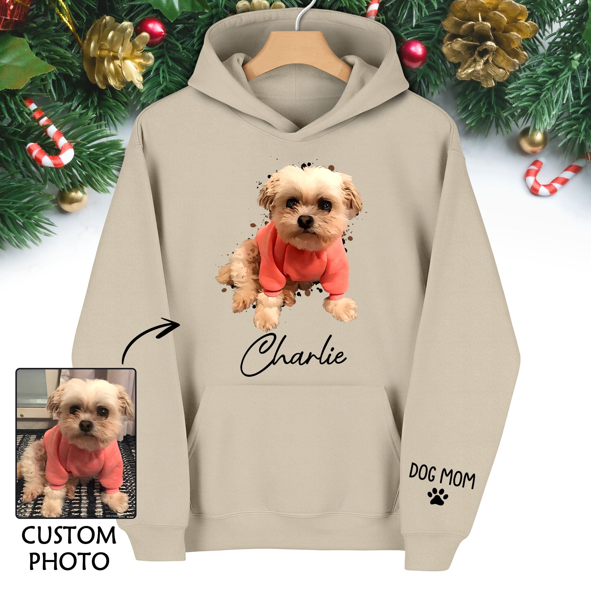 Personalized Dog Mom Hoodie – Custom Dog Photo Hoodie with Pet Name, Unique Holiday Gift for Pet Lovers