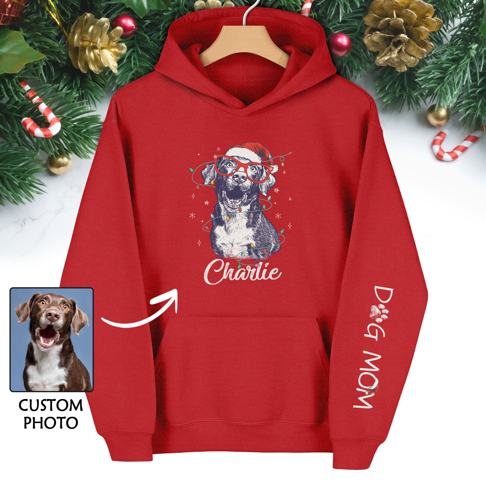 Personalized Dog Mom Hoodie – Custom Dog Photo Hoodie with Holiday Design