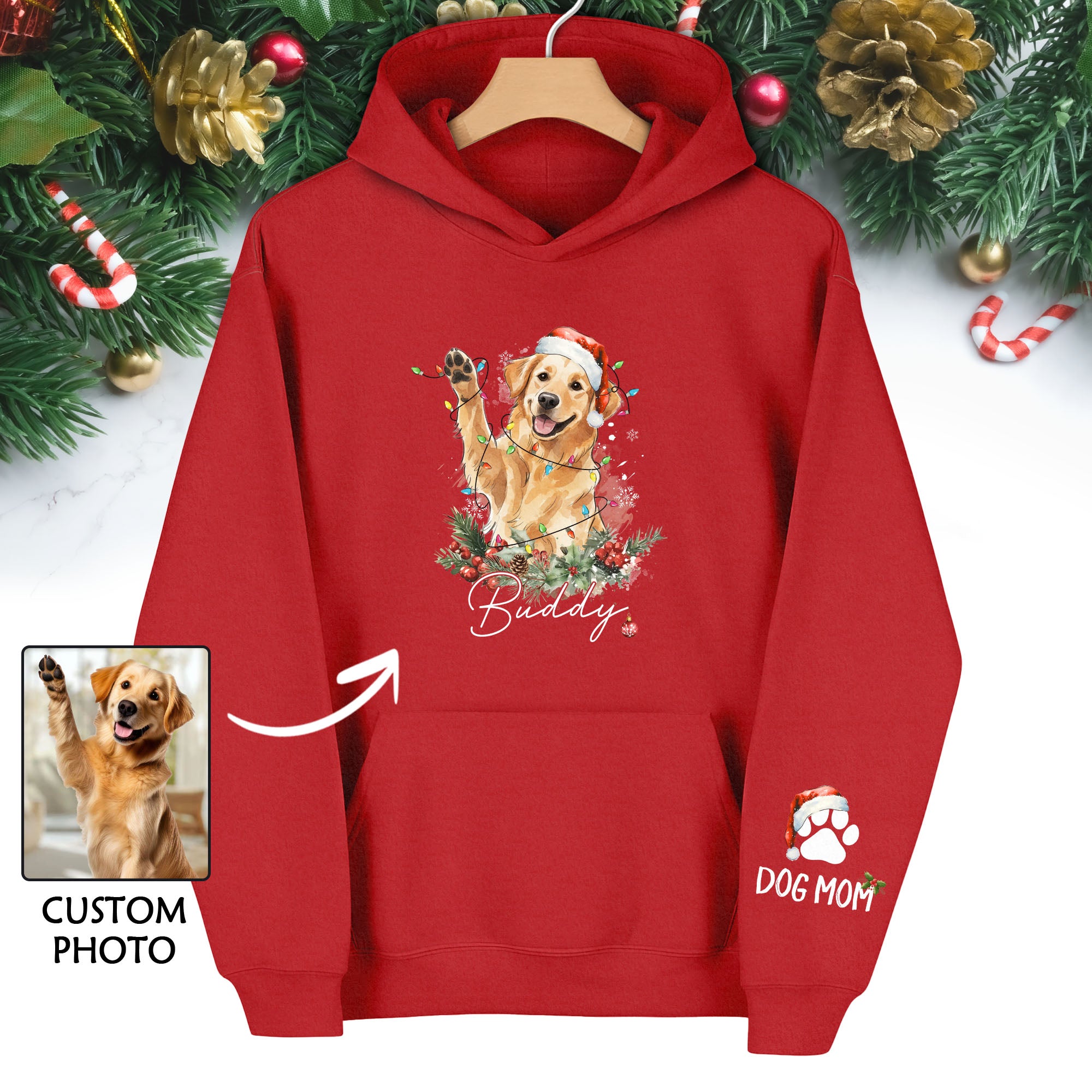 Personalized Dog Mom Hoodie – Custom Photo Hoodie with Your Dog’s Christmas Spirit