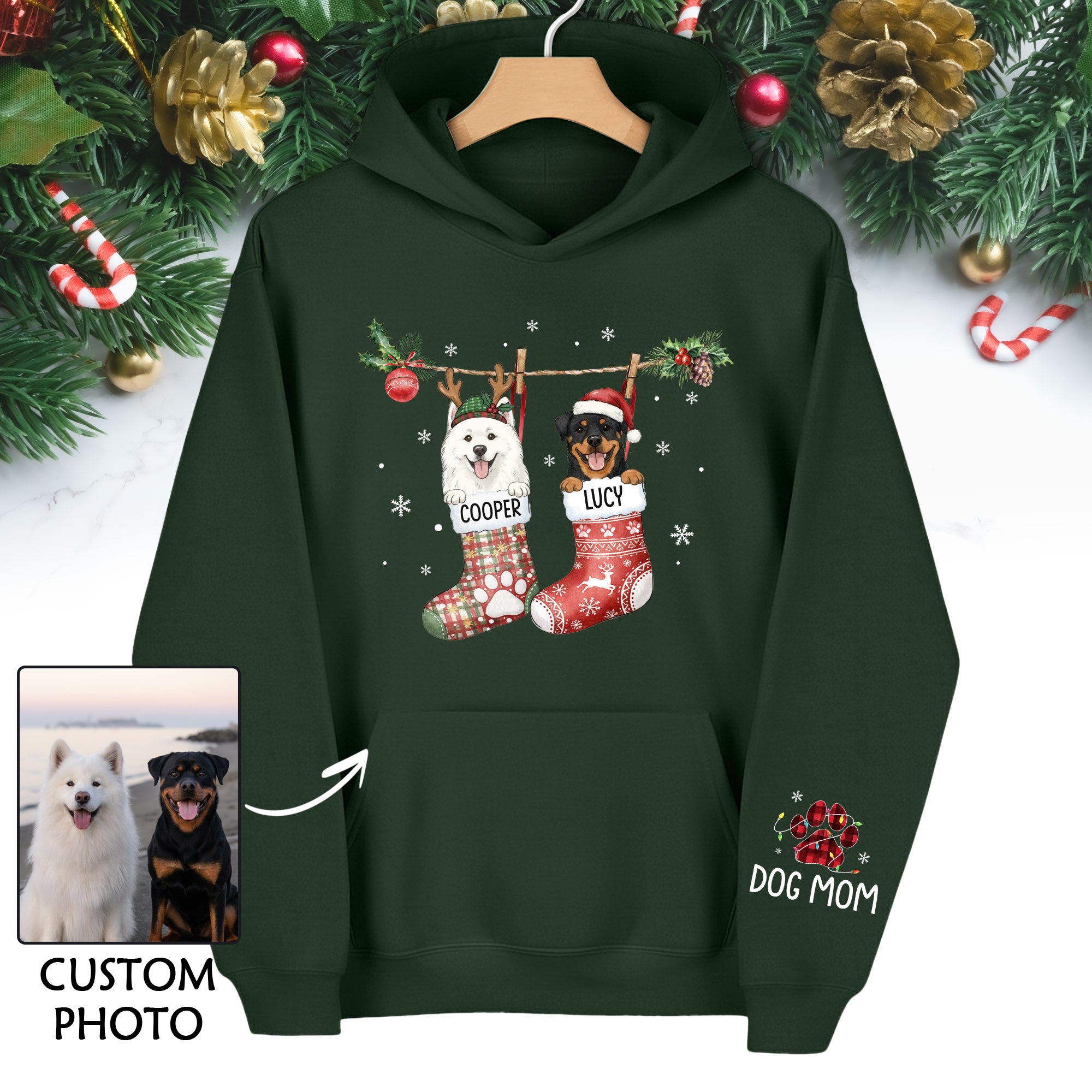 Custom Christmas Dog Hoodie – Personalized Holiday Hoodie with Your Dog’s Photo in Festive Stockings