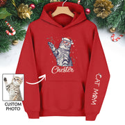 Christmas Cat Mom Hoodie – Personalized Cat Photo Hoodie, Custom Holiday Gift for Women